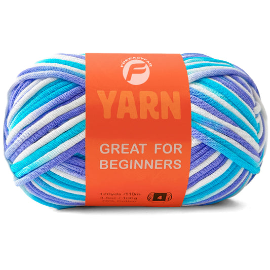 1 Pack Easy Yarn for Crocheting and Knitting; 2x120 yds Cotton Yarn for Beginner with Easy-to-See Stitches; Medium #4 (Azure Waves)