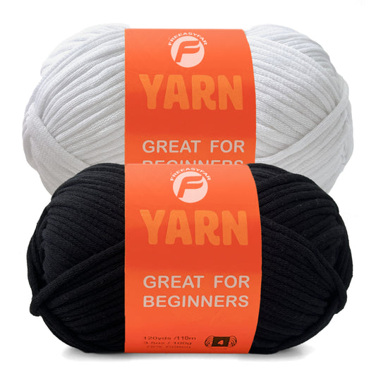 2 pack Beginner Easy Yarn for Crocheting and Knitting; 120 yds Cotton Yarn for Beginner with Easy-to-See Stitches; Medium #4(White+Black)