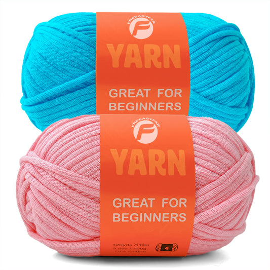 2 Pack Beginner Easy Yarn for Crocheting and Knitting; 2x120 yds Cotton Yarn for Beginner with Easy-to-See Stitches; Medium #4 (Blue+Pink)
