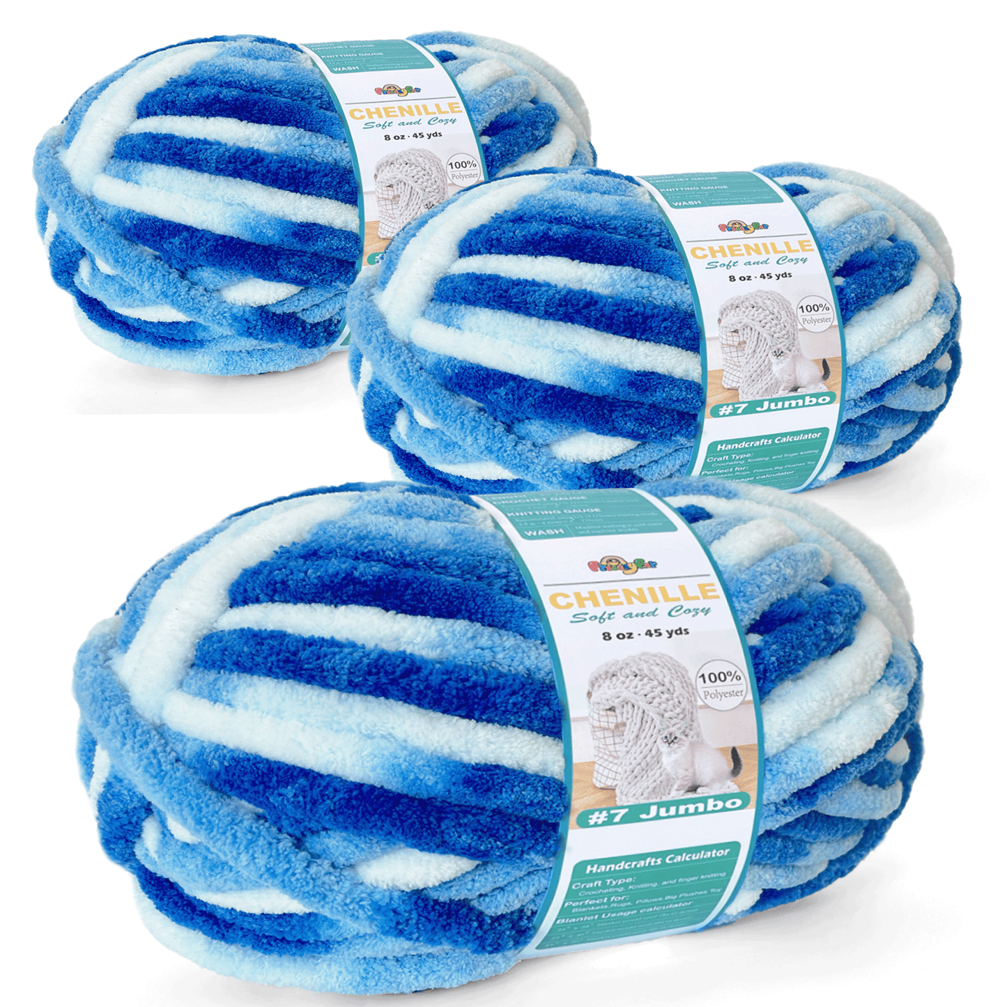 Chunky Chenille Yarn for Crocheting - Bulky Fluffy Yarn for Knitting -100% Polyester -Jumbo 7-45 yds/8.8 oz Each Skein-Cloudy Blue