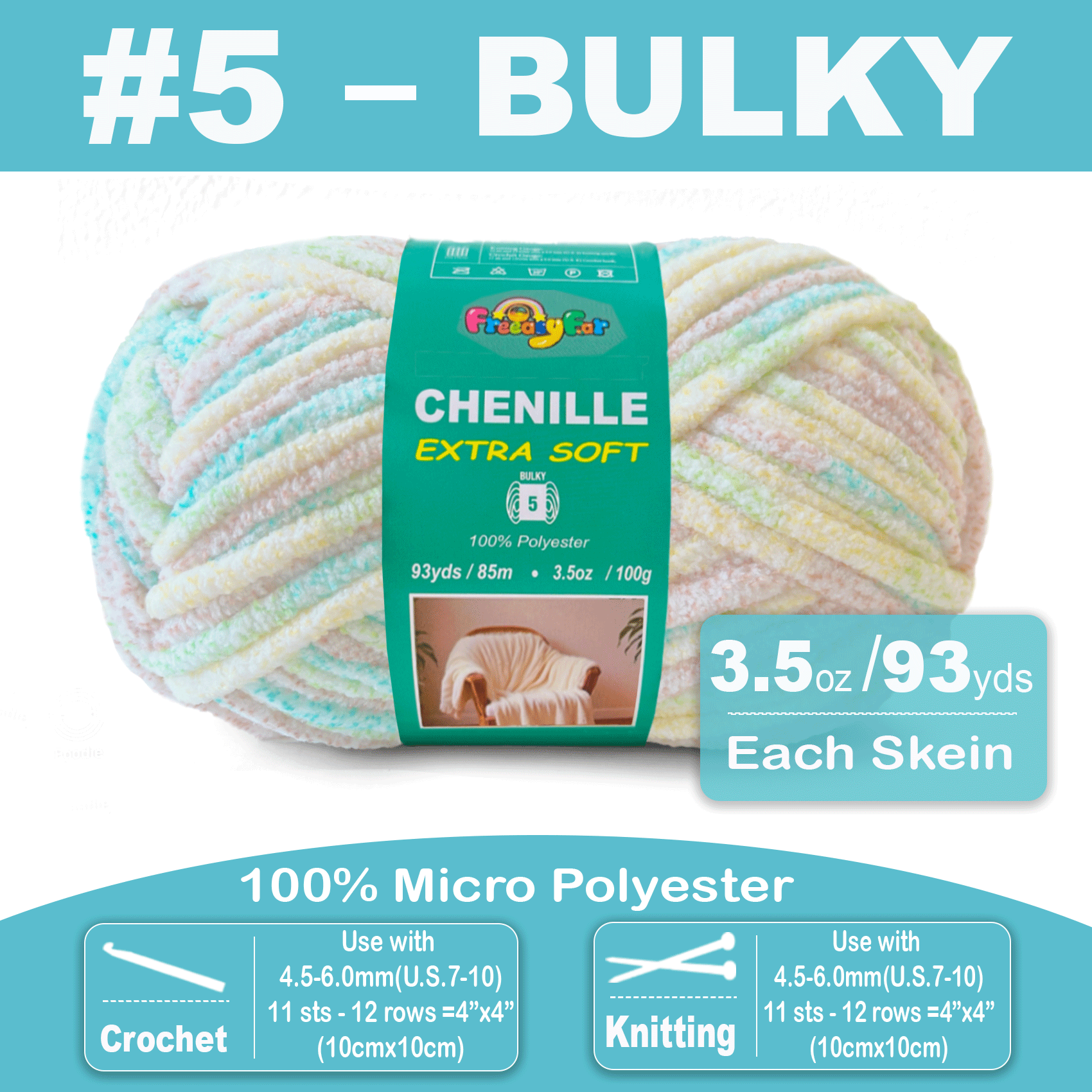 Variegated Chenille Yarn for Crocheting and Knitting - 3.5oz/93yds Each Skein-Cream Freeasyfar