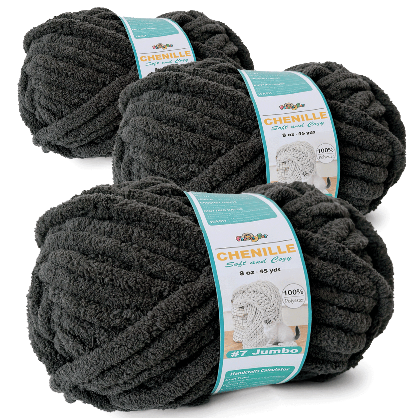 Chunky Chenille Yarn for Crocheting - Bulky Fluffy Yarn for Knitting -100% Polyester -Jumbo 7-45 yds/8.8 oz Each Skein-dark-grey