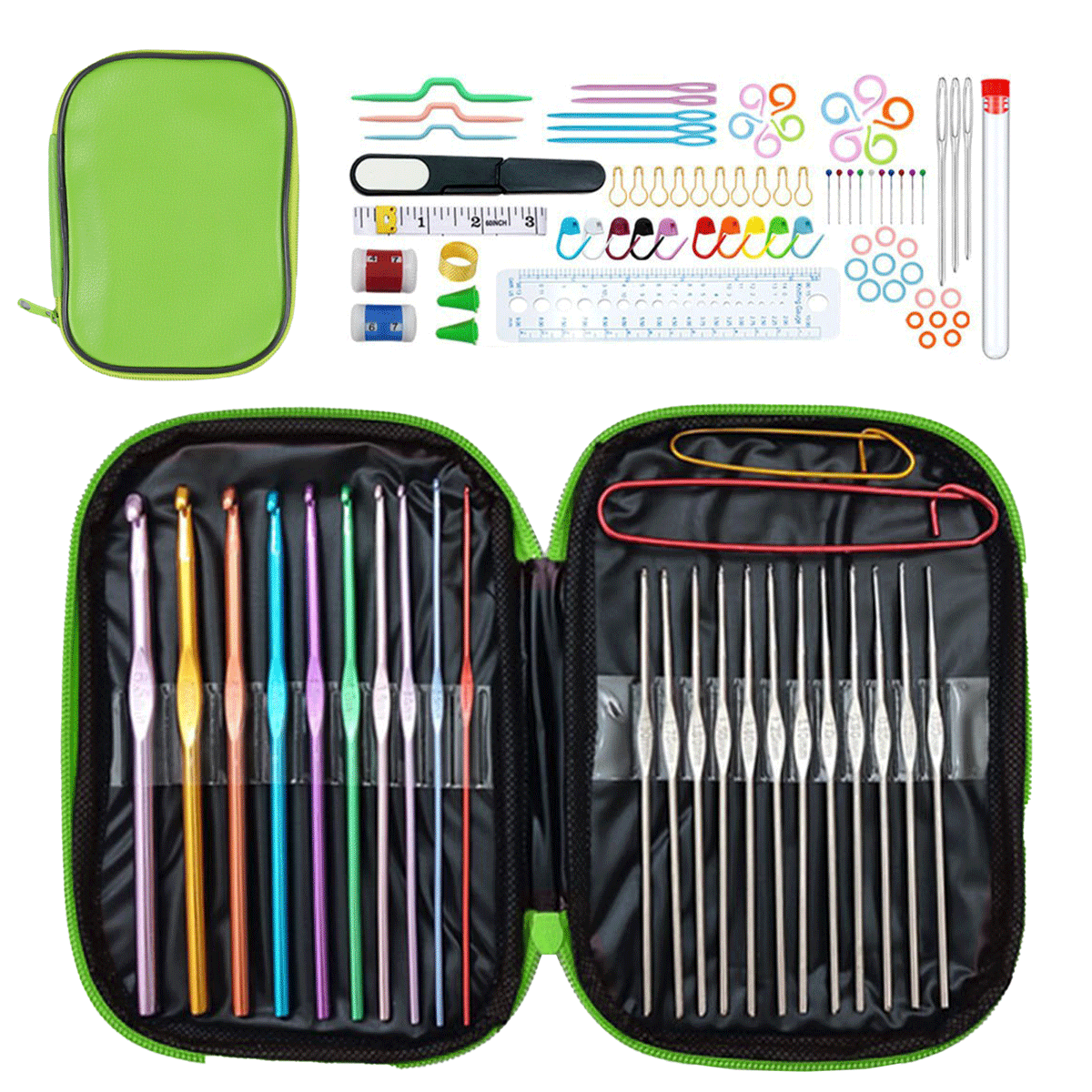 100 Pcs Crochet Hooks Set, Crochet Hooks Kit with Storage Case for Beginners-Green Freeasyfar