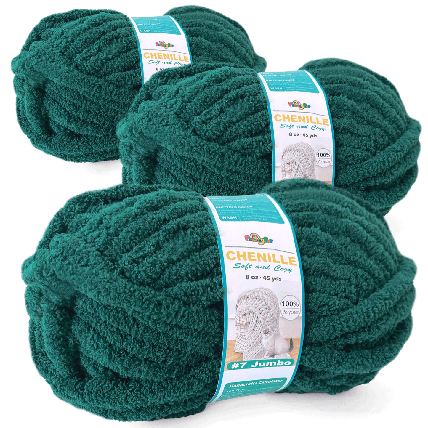 Chunky Chenille Yarn for Crocheting - Bulky Fluffy Yarn for Knitting -100% Polyester -Jumbo 7-45 yds/8.8 oz Each Skein-Jade Green