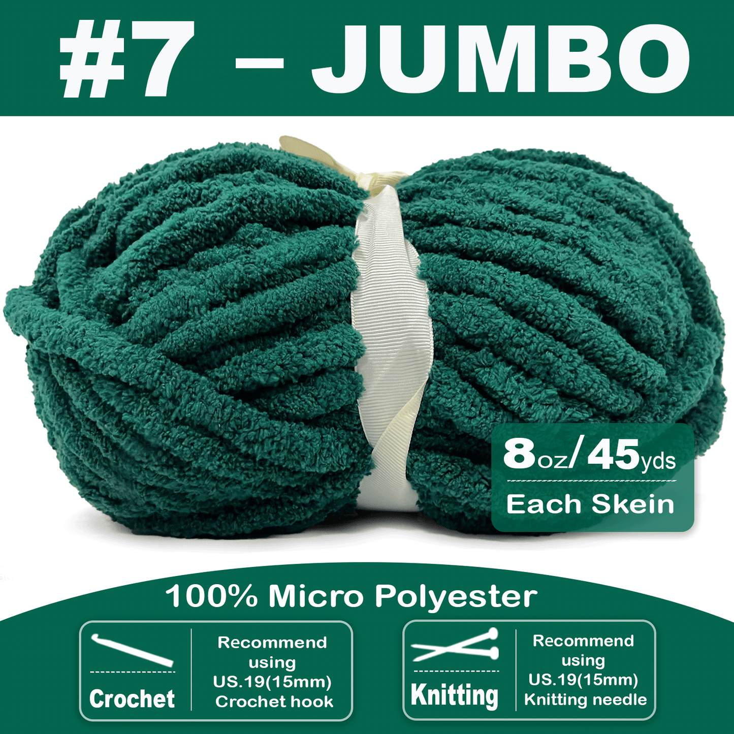 Chunky Chenille Yarn for Crocheting - Bulky Fluffy Yarn for Knitting -100% Polyester -Jumbo 7-45 yds/8.8 oz Each Skein-Jade Green