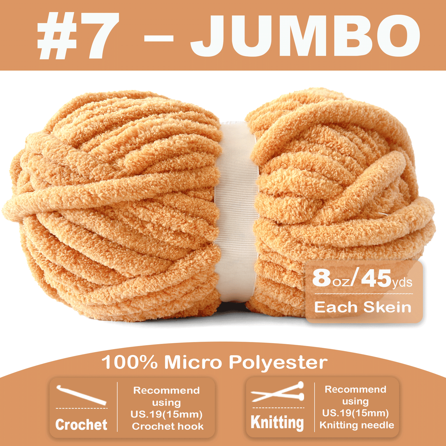 Chunky Chenille Yarn for Crocheting - Bulky Fluffy Yarn for Knitting -100% Polyester -Jumbo 7-45 yds/8.8 oz Each Skein-Khaki