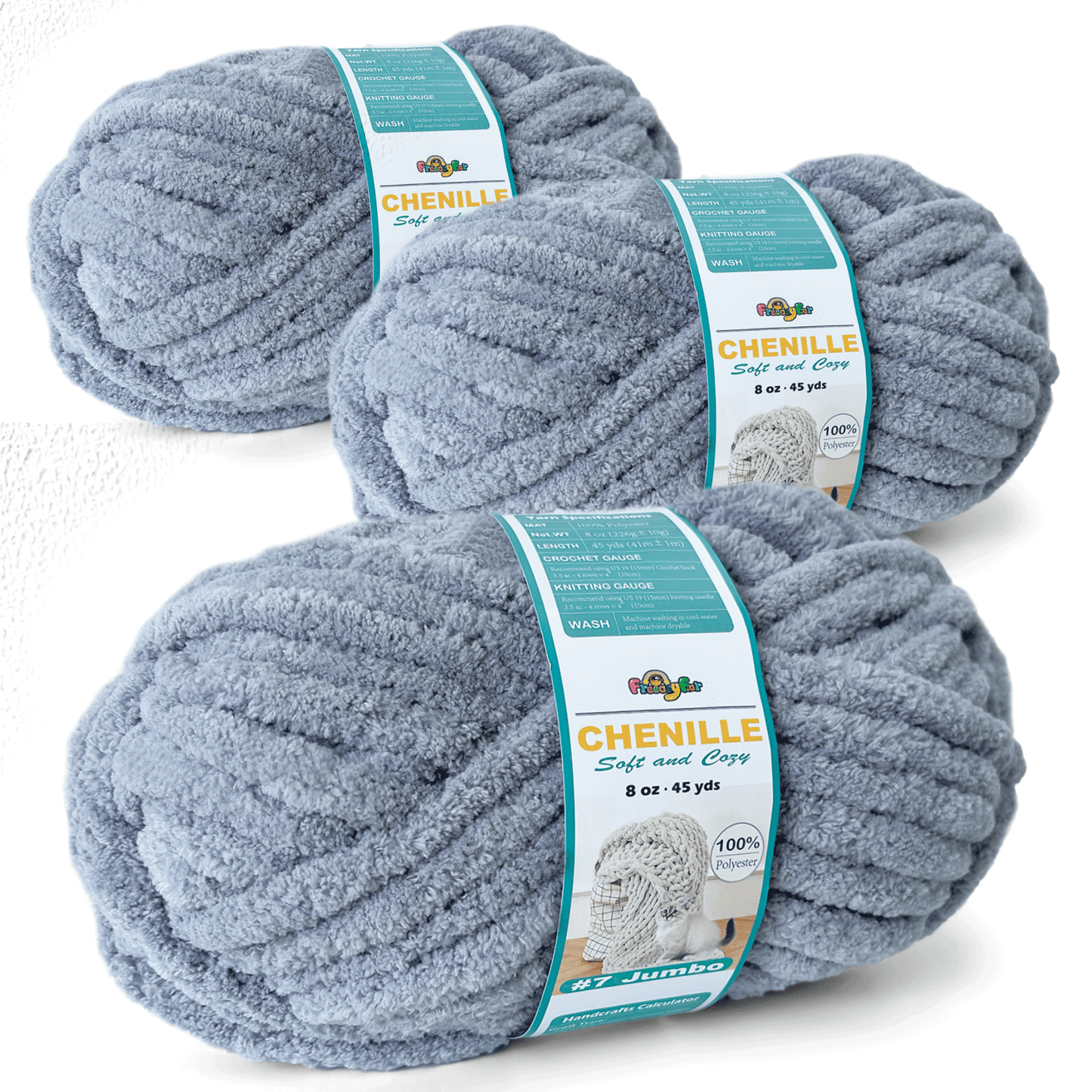 Chunky Chenille Yarn for Crocheting - Bulky Fluffy Yarn for Knitting -100% Polyester -Jumbo 7-45 yds/8.8 oz Each Skein-Grey