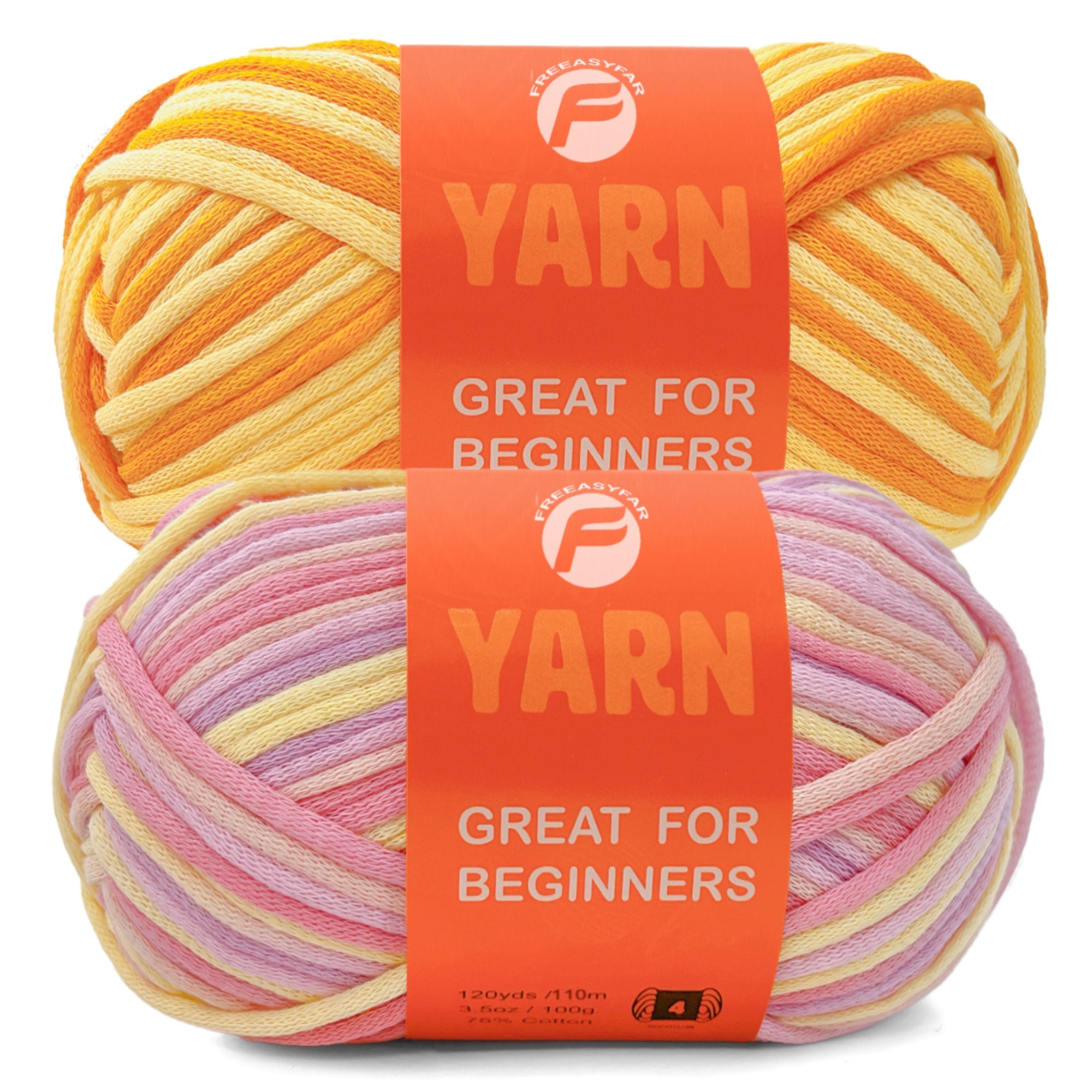 2 Pack Beginner Easy Yarn for Crocheting and Knitting; 2x120 yds Cotton Yarn for Beginner with Easy-to-See Stitches; Medium #4 (Macaron+Yellow) Freeasyfar