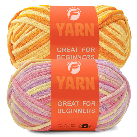 2 Pack Beginner Easy Yarn for Crocheting and Knitting; 2x120 yds Cotton Yarn for Beginner with Easy-to-See Stitches; Medium #4 (Macaron+Yellow)