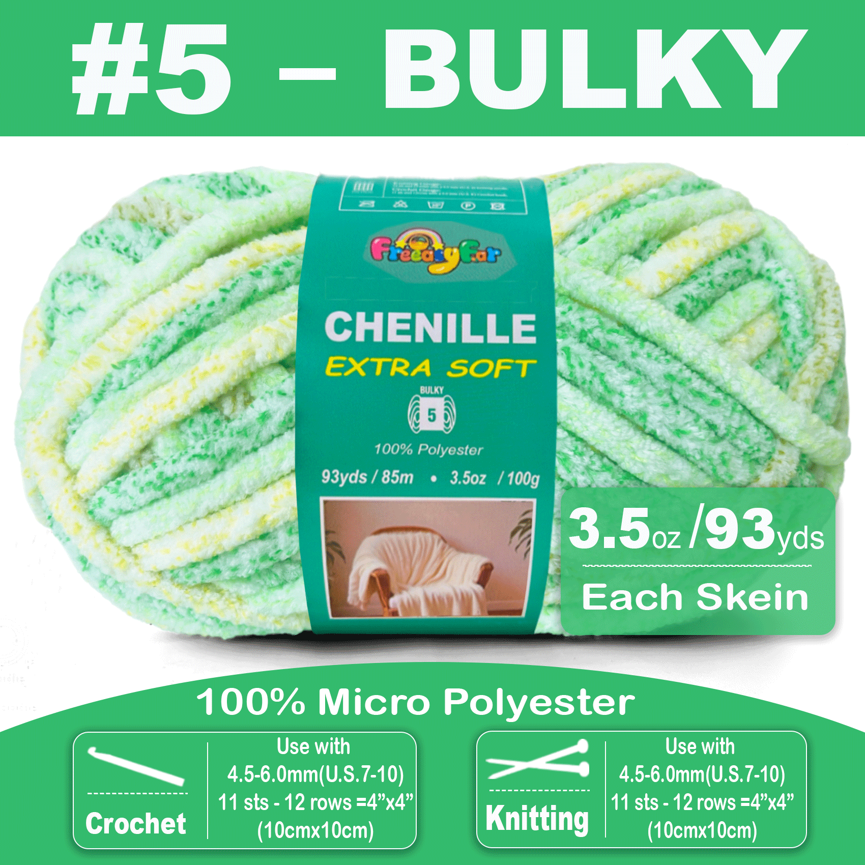 Variegated Chenille Yarn for Crocheting and Knitting  - #5 Bulky-3.5oz/93yds Each Skein - Mint breeze Freeasyfar