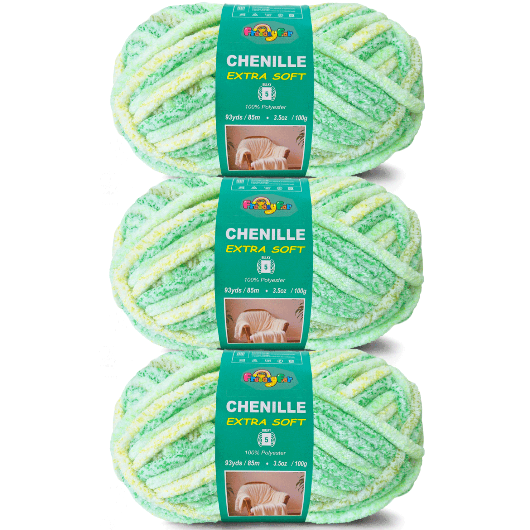 Variegated Chenille Yarn for Crocheting and Knitting  - #5 Bulky-3.5oz/93yds Each Skein - Mint breeze Freeasyfar