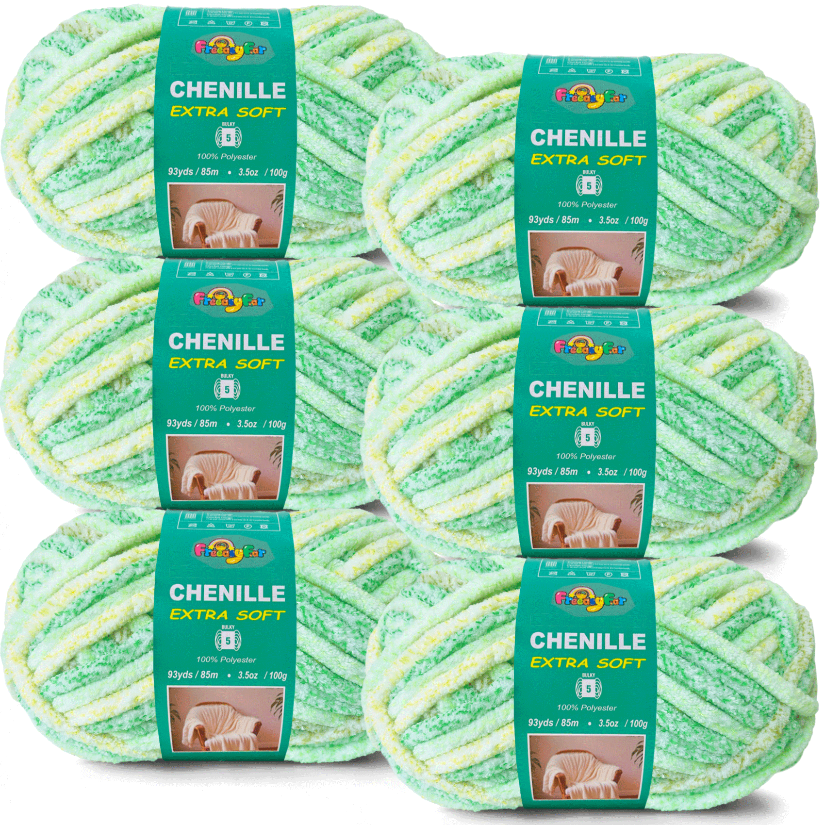 Variegated Chenille Yarn for Crocheting and Knitting  - #5 Bulky-3.5oz/93yds Each Skein - Mint breeze Freeasyfar