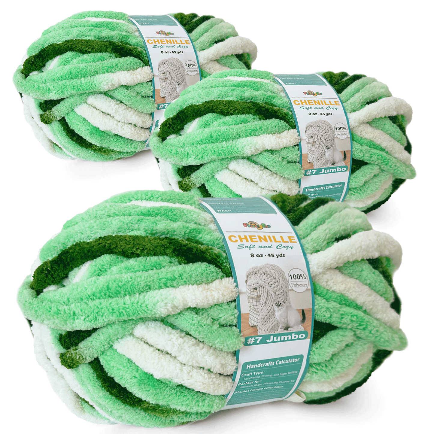 Chunky Chenille Yarn for Crocheting - Bulky Fluffy Yarn for Knitting -100% Polyester -Jumbo 7-45 yds/8.8 oz Each Skein-Mint