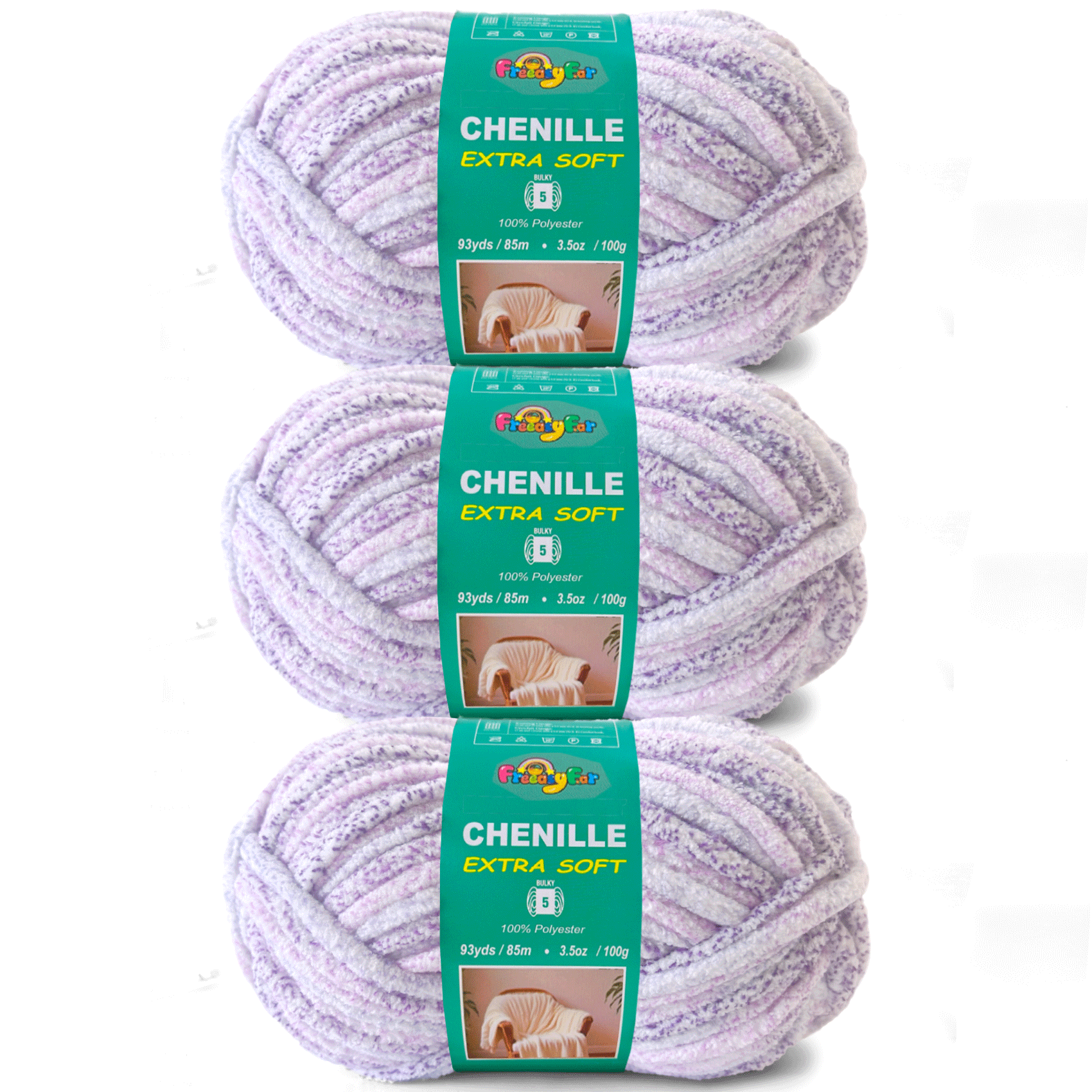 Variegated Chenille Yarn for Crocheting and Knitting - #5 Bulky-3.5oz/93yds Each Skein-Super Soft -Lilac Mist Freeasyfar