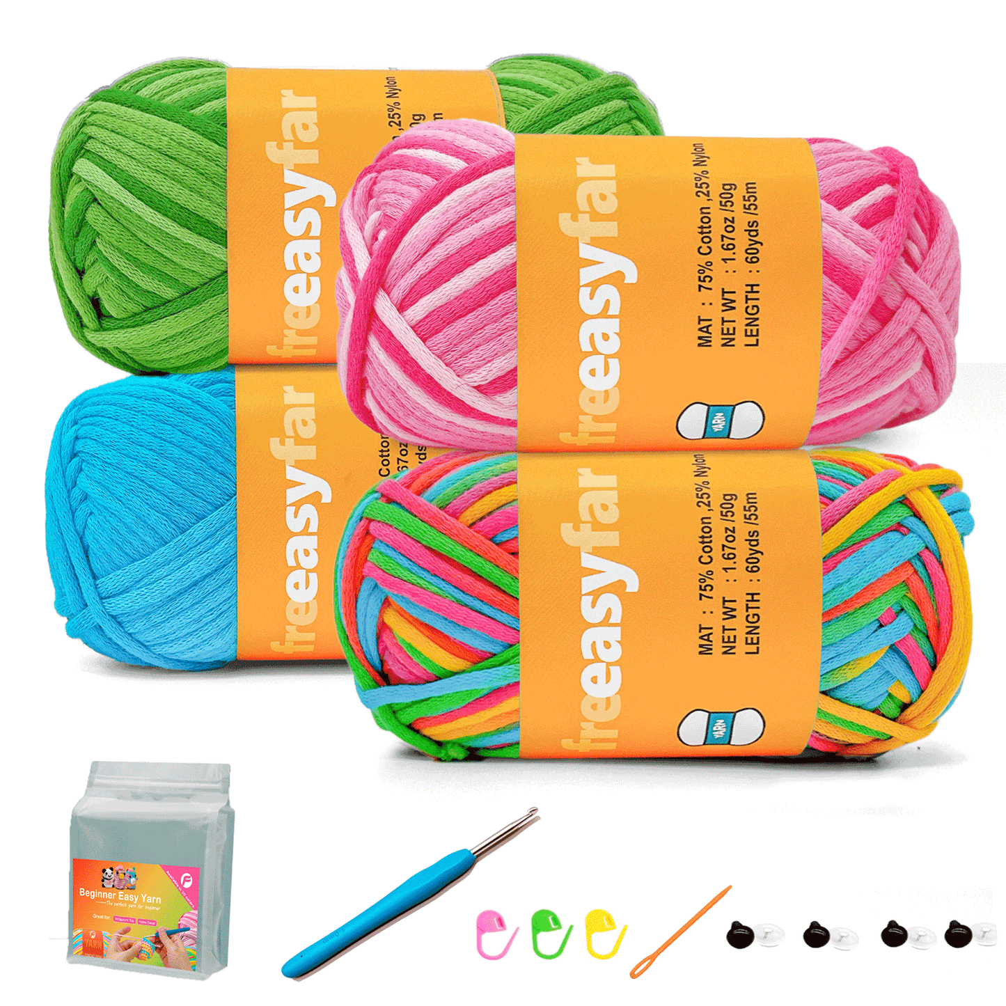 4 Pack(4x60 yds) Beginner Easy yarn for crocheting and knitting,Cotton blend Yarn for Crocheting and Knitting-(Straw Pink+Lawn Green+Rainbow+Azure)