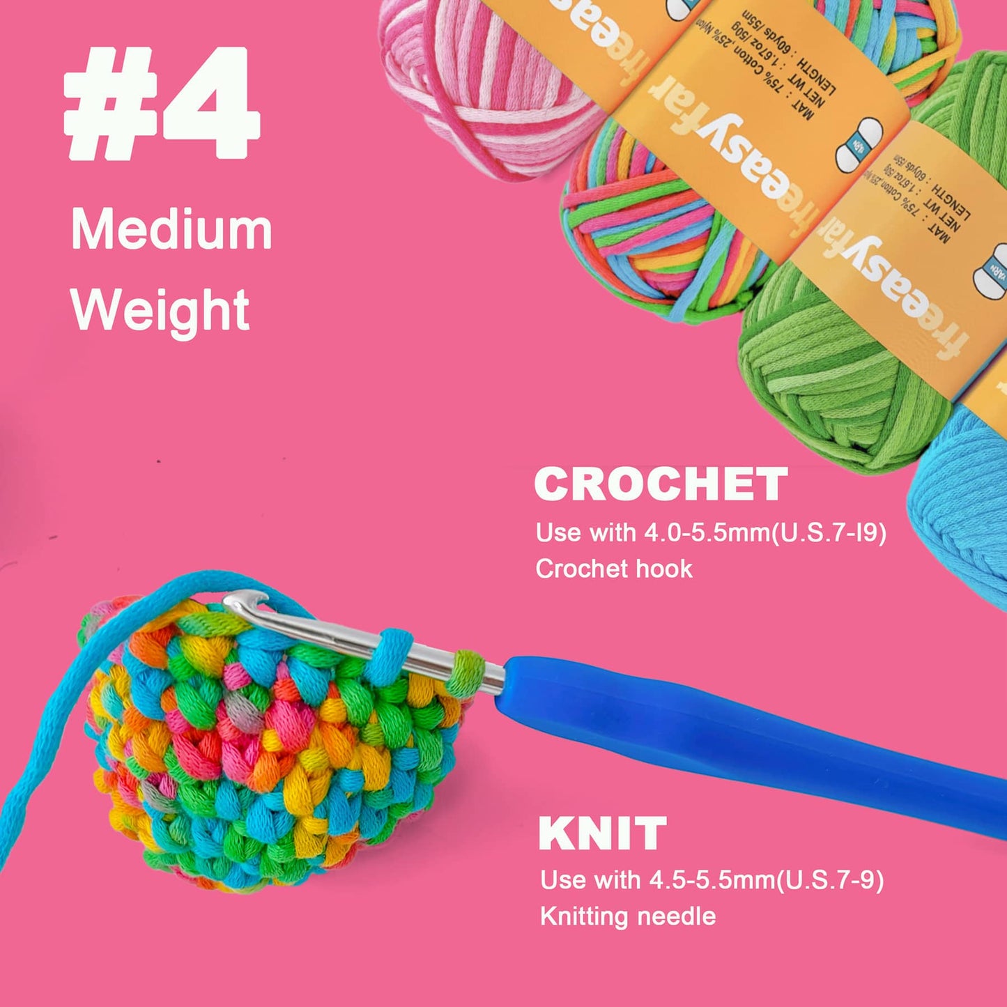 4 Pack 4*1.67oz/60yards,Beginner Easy Yarn for Crocheting and Knitting with Easy-to-See Stitches; Medium Weight #4(Including Full Tool Set)