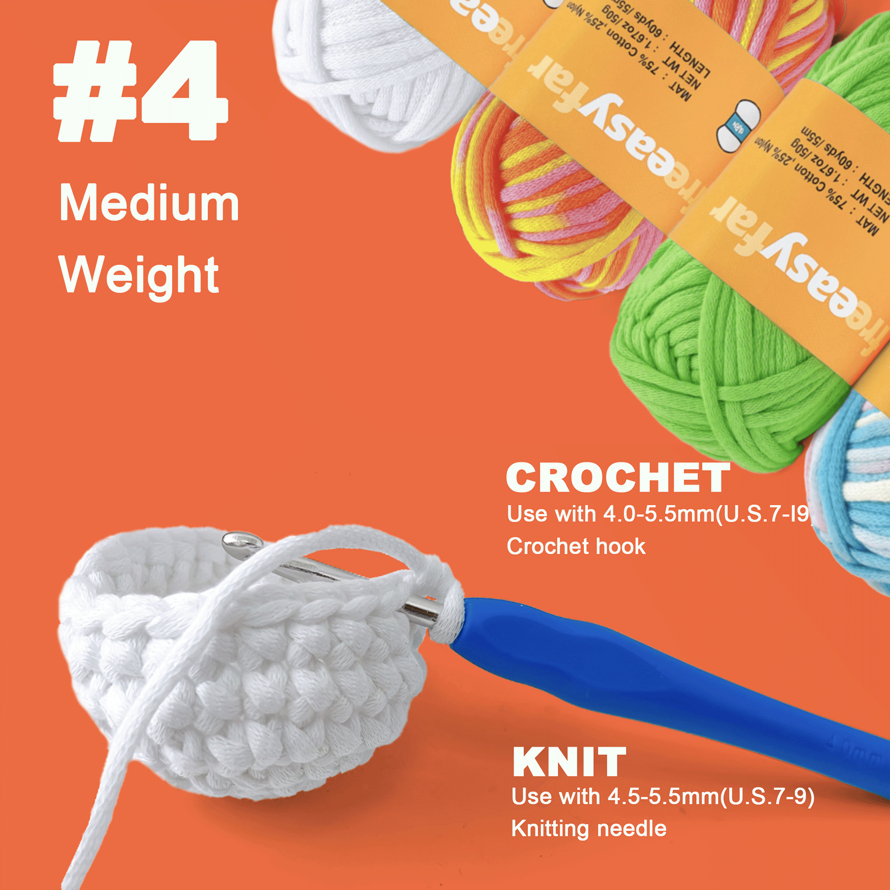 4 Pack(4x60 yds)Beginner Easy Yarn for Crocheting and Knitting-(White+Sunglow+Green+Blushing Blue) Freeasyfar