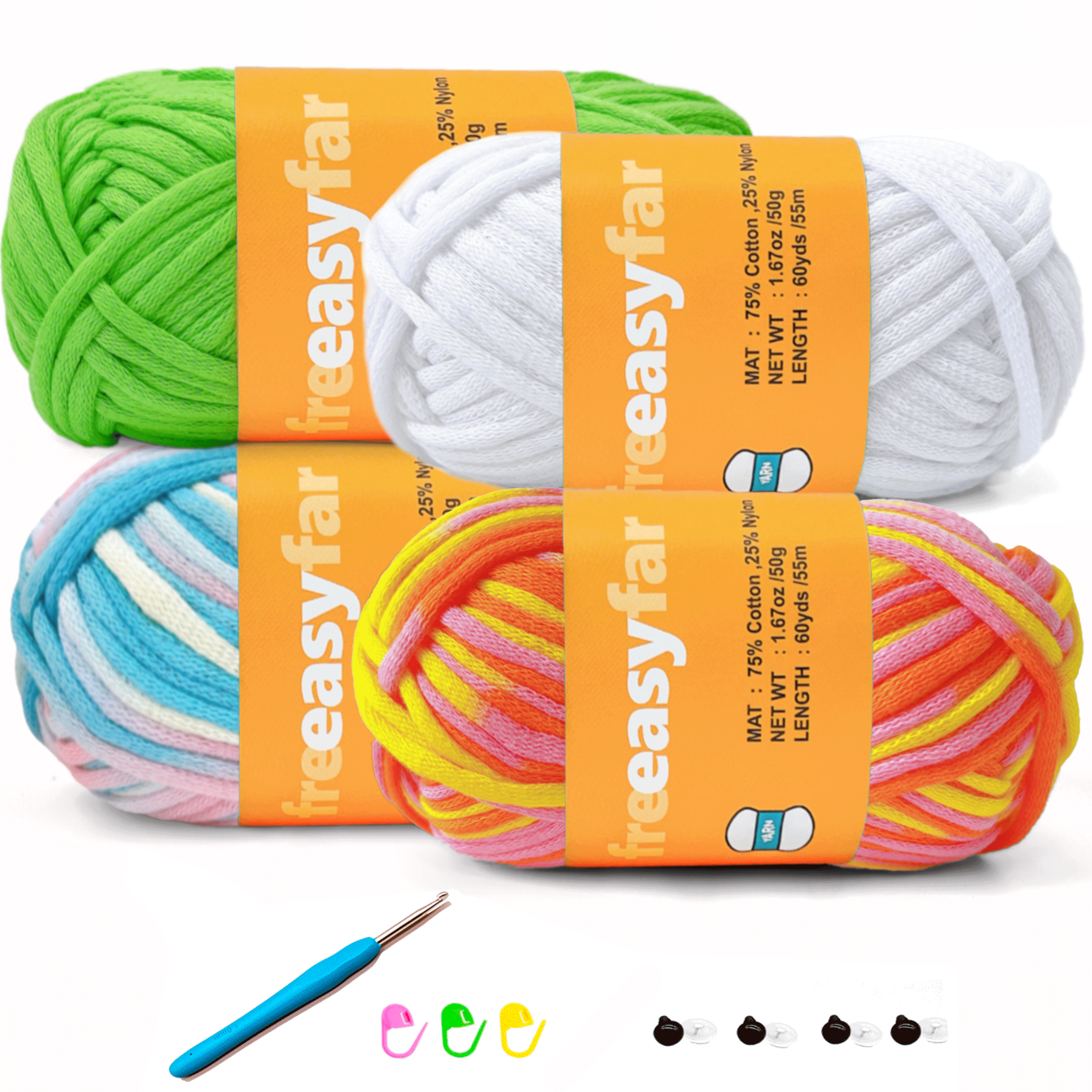 4 Pack(4x60 yds)Beginner Easy Yarn for Crocheting and Knitting-(White+Sunglow+Green+Blushing Blue) Freeasyfar