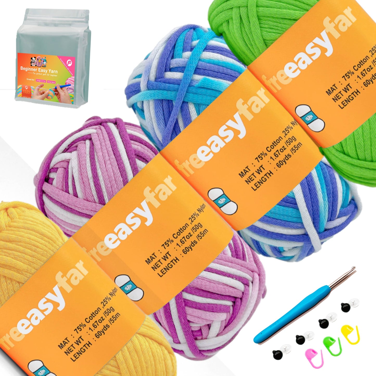 4 Pack 4*1.67oz/60yards,Beginner Easy Yarn for Crocheting and Knitting with Easy-to-See Stitches; Medium Weight #4(Including Full Tool Set)