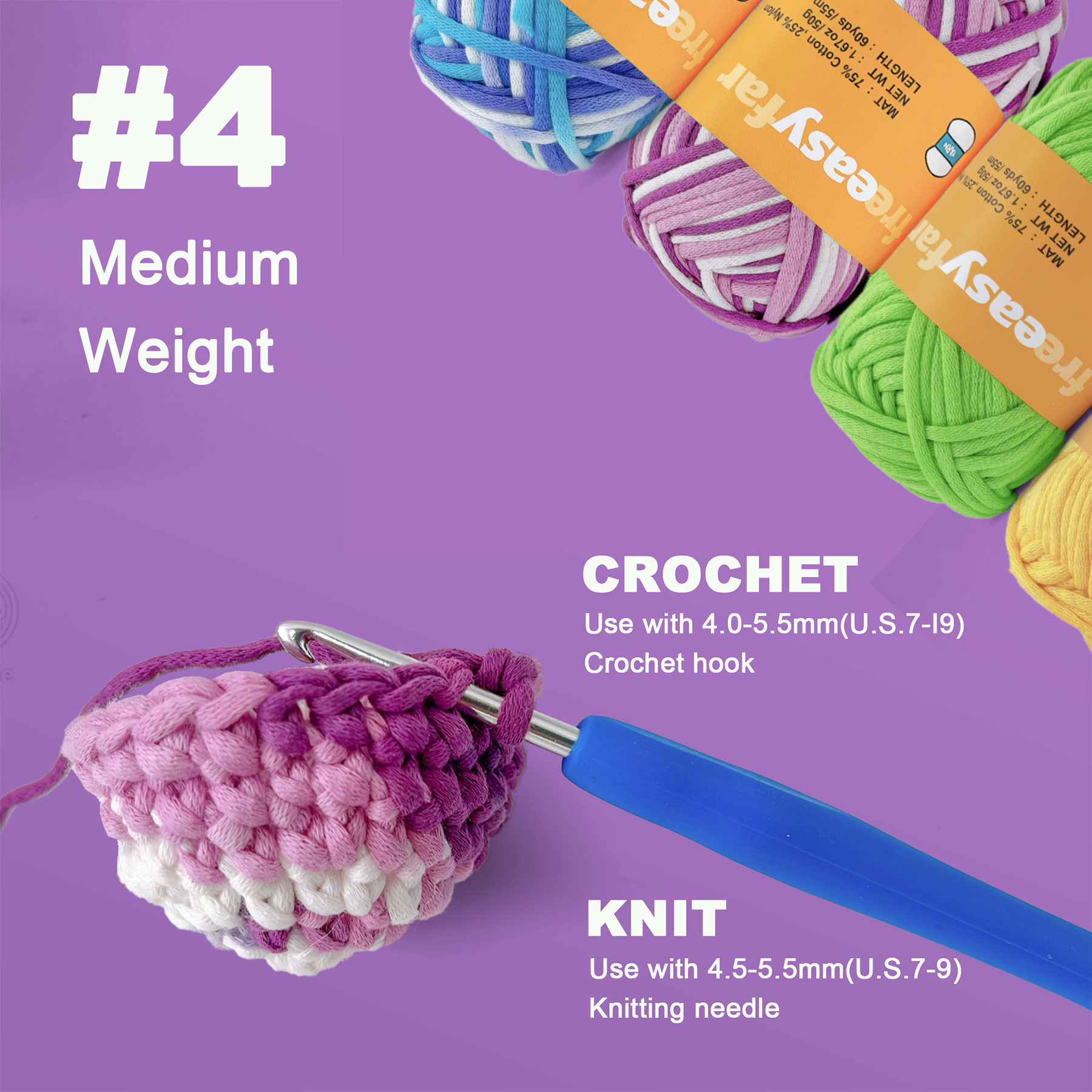 4 Pack(4x60 yds) Beginner Easy Yarn for Crocheting and Knitting-(Azure wave+Lavender+Green+Yellow) Freeasyfar