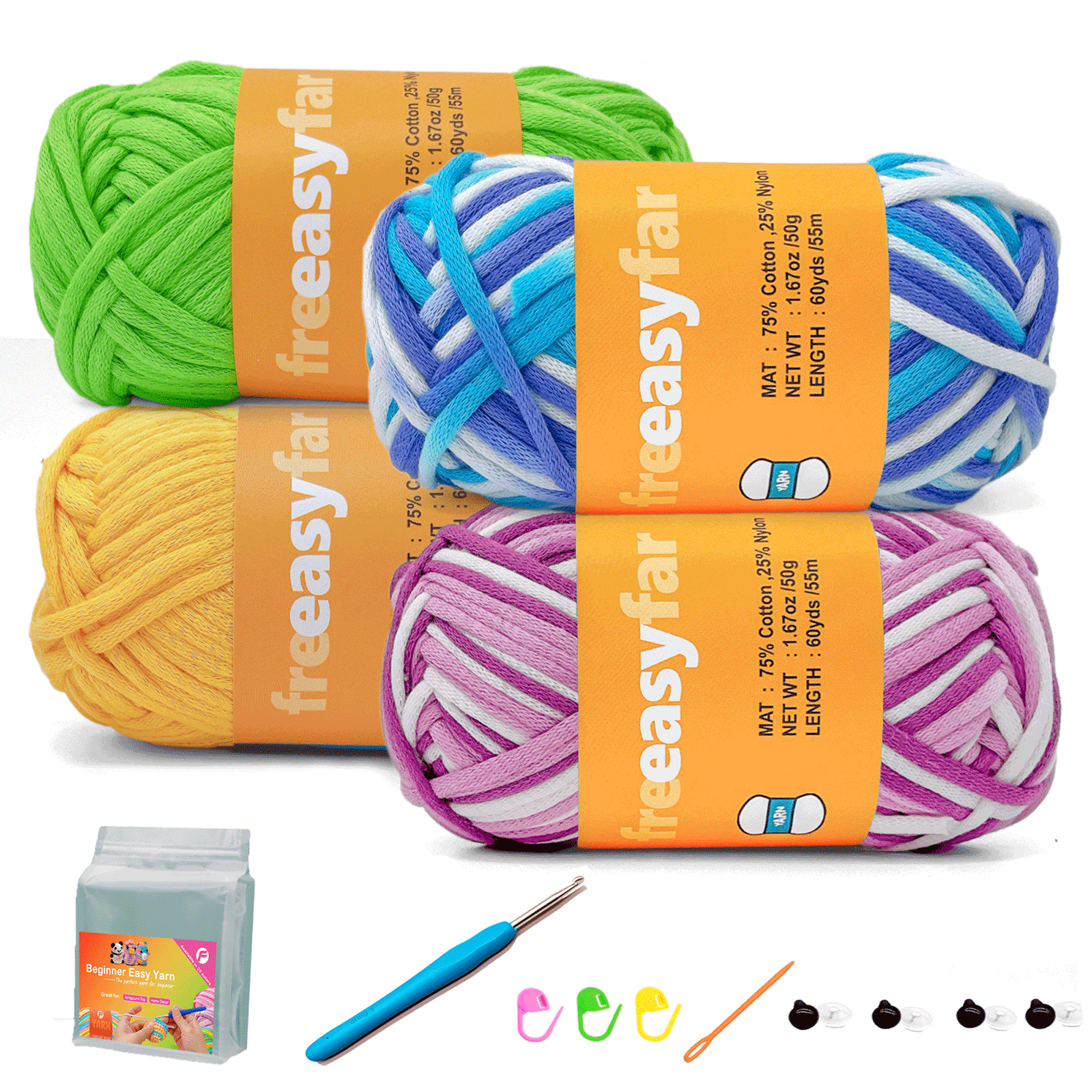 4 Pack(4x60 yds) Beginner Easy Yarn for Crocheting and Knitting-(Azure wave+Lavender+Green+Yellow) Freeasyfar