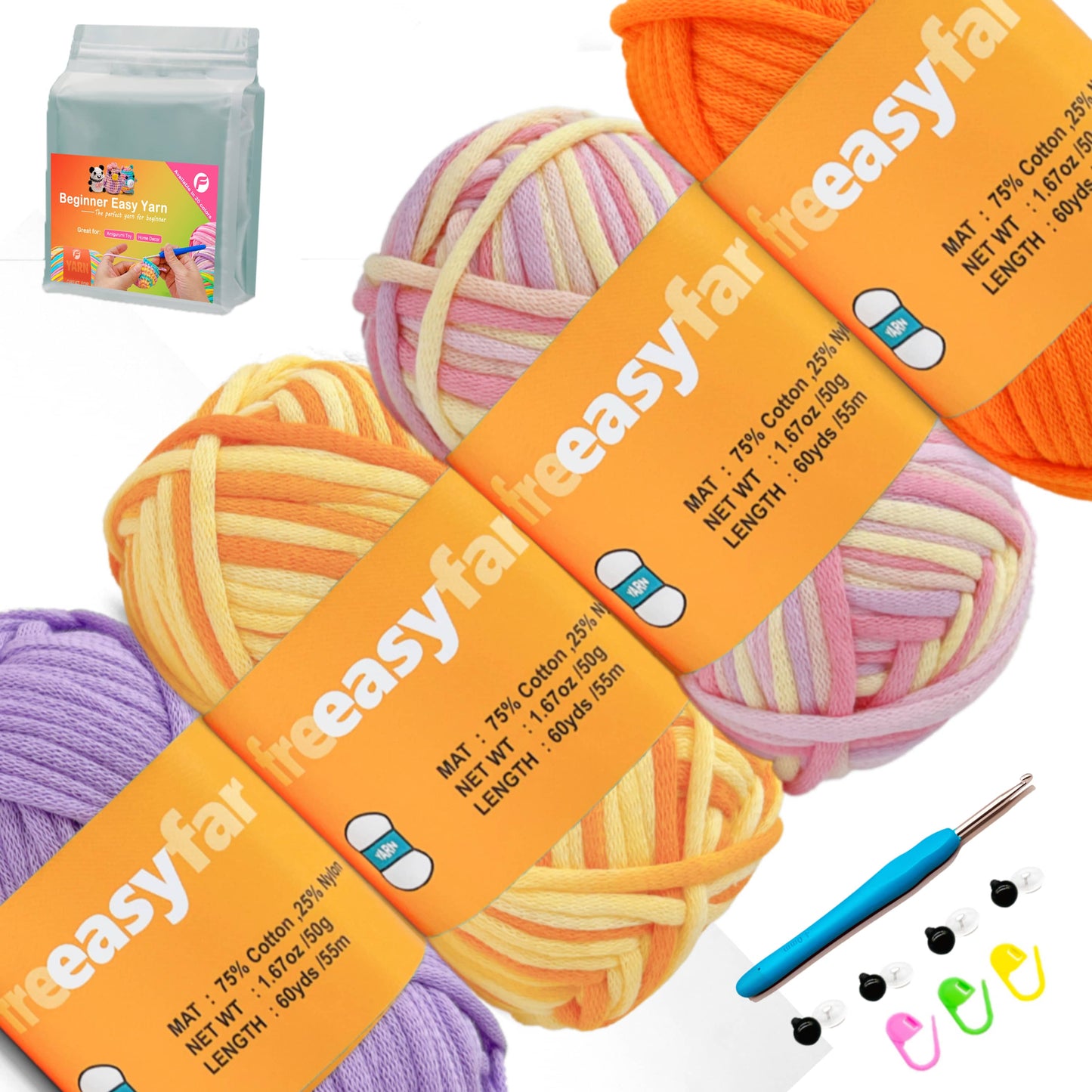 4 Pack 4*1.67oz/60yards,Beginner Easy Yarn for Crocheting and Knitting with Easy-to-See Stitches; Medium Weight #4(Including Full Tool Set)