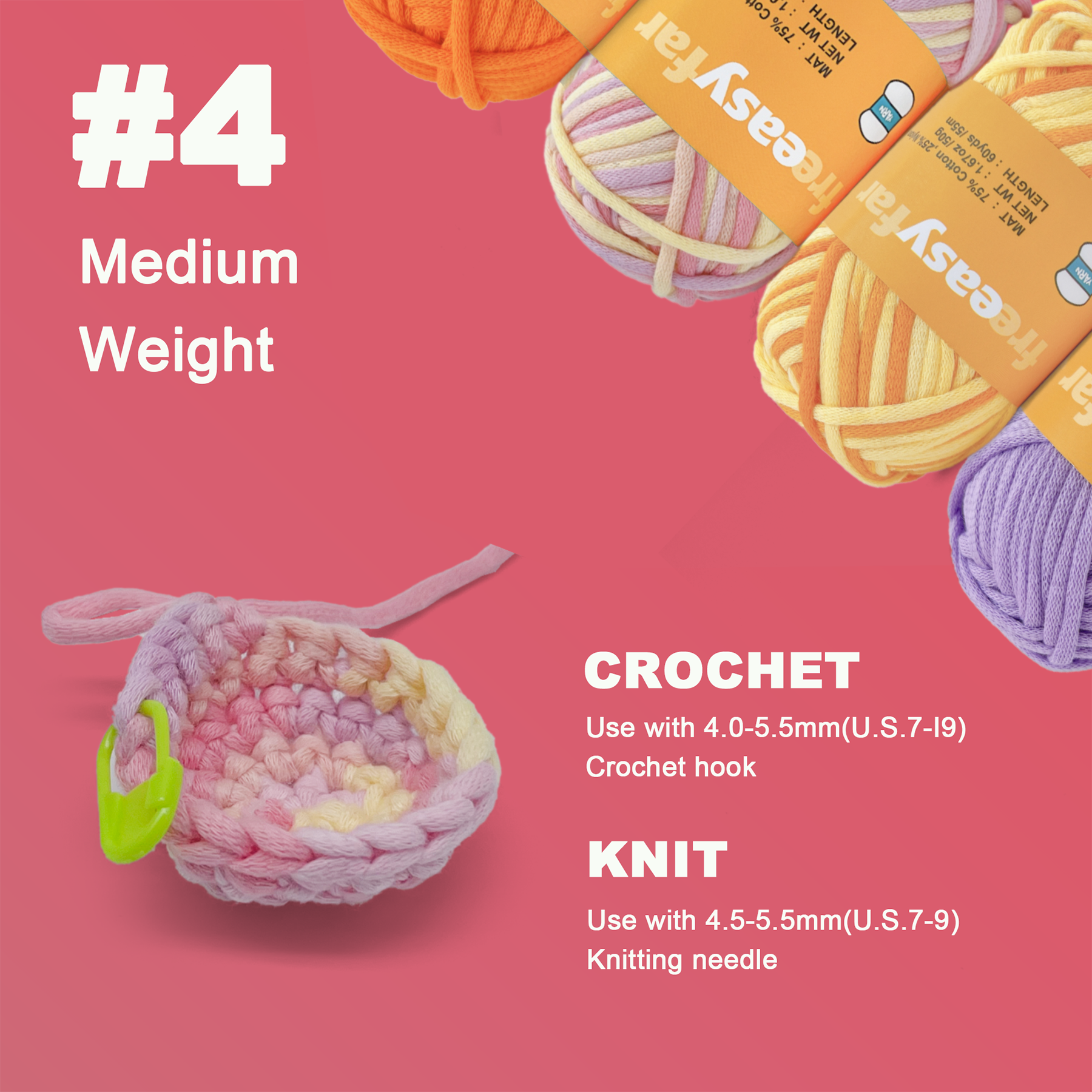 4 Pack(4x60 yds) Easy Yarn for Crocheting and Knitting-(Orange+Macaron+Yellow+Purple) Freeasyfar