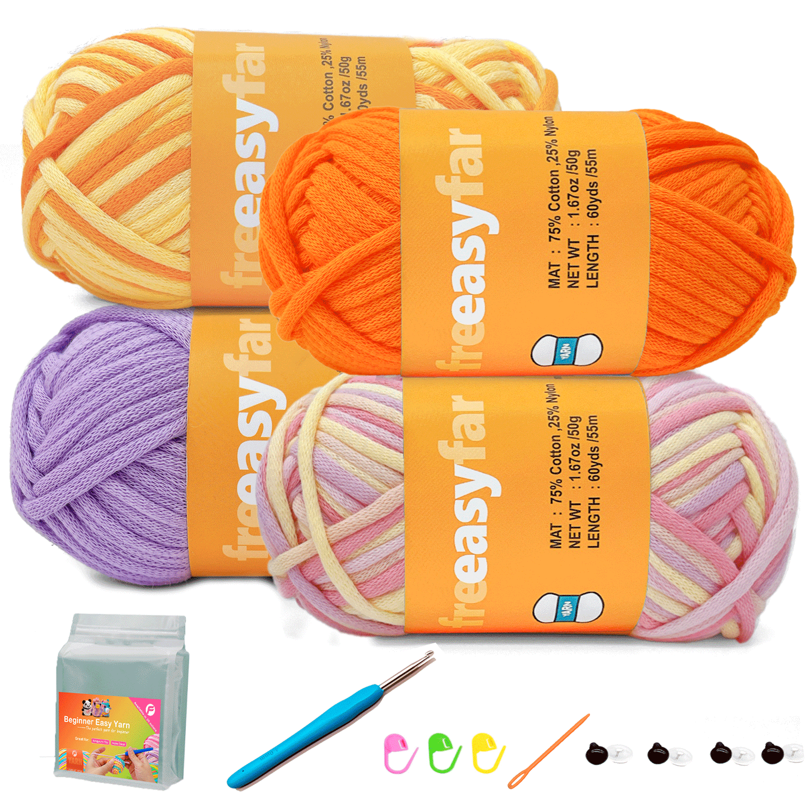 4 Pack(4x60 yds) Easy Yarn for Crocheting and Knitting-(Orange+Macaron+Yellow+Purple) Freeasyfar