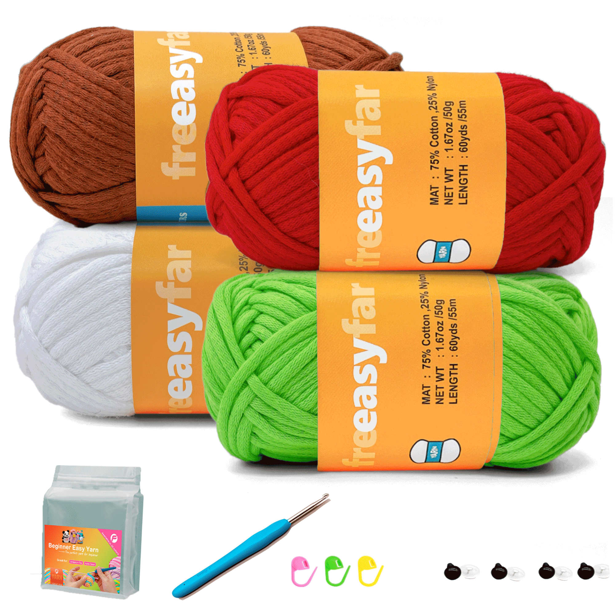 4 Pack(4x60 yds)Beginner Easy Yarn for Crocheting and Knitting-(Bright Green+Red+White+Latte Love) Freeasyfar