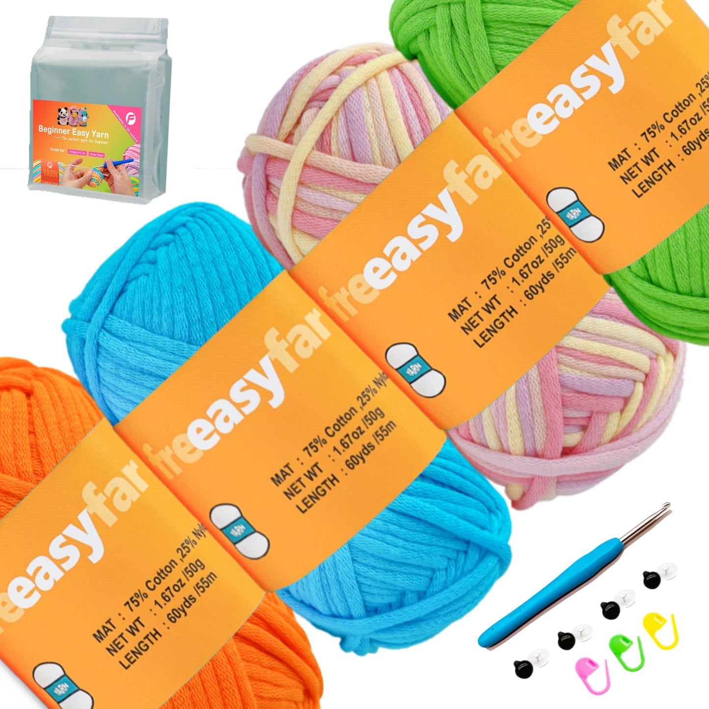 4 Pack 4*1.67oz/60yards,Beginner Easy Yarn for Crocheting and Knitting with Easy-to-See Stitches; Medium Weight #4(Including Full Tool Set)