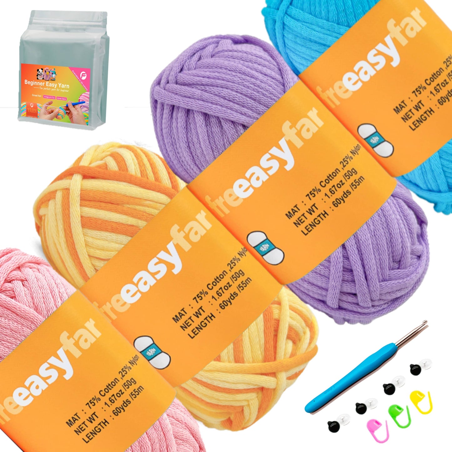 4 Pack 4*1.67oz/60yards,Beginner Easy Yarn for Crocheting and Knitting with Easy-to-See Stitches; Medium Weight #4(Including Full Tool Set)