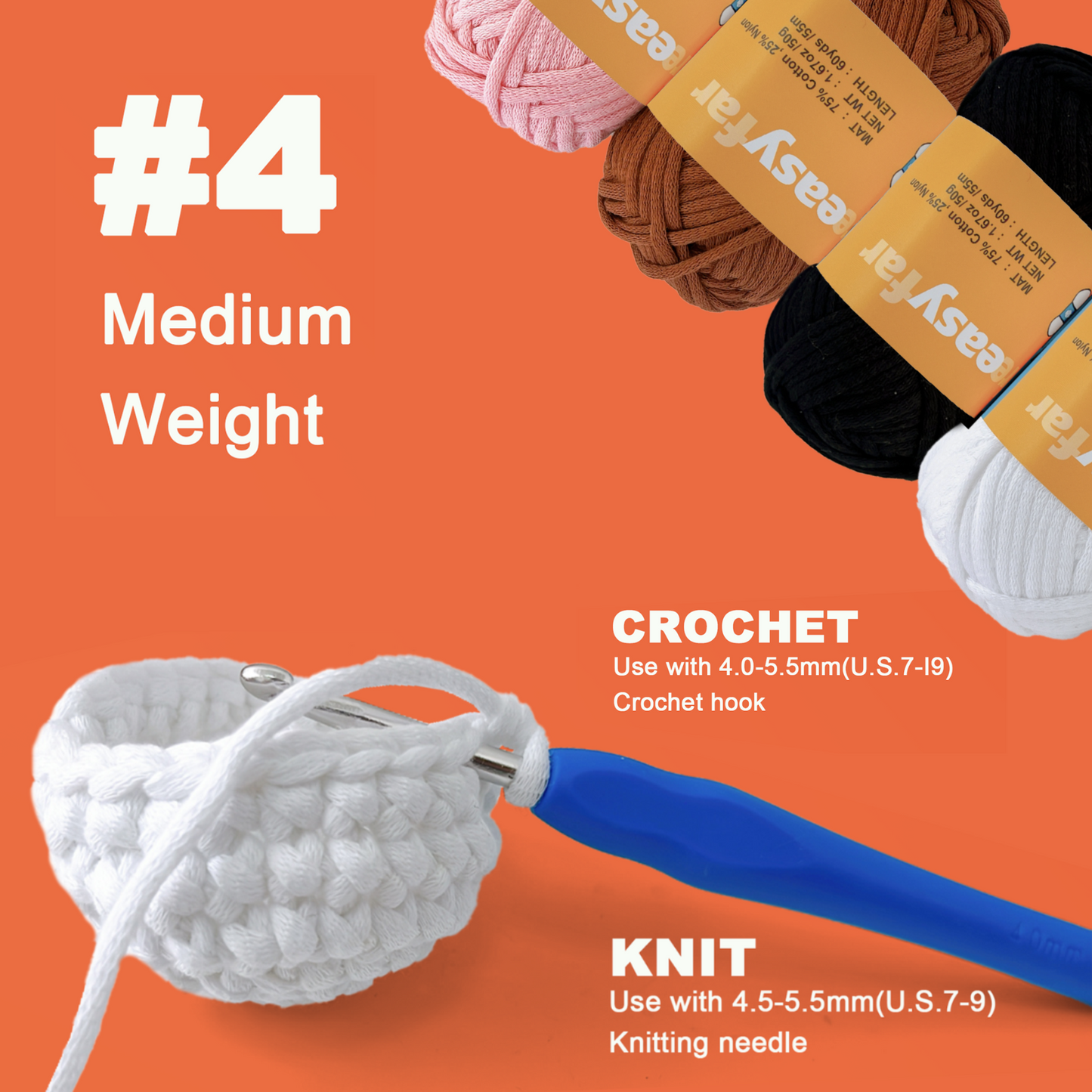 4 Pack(4x60 yds)Beginner Easy Yarn for Crocheting and Knitting-(Pink+Coffee+White+Black)