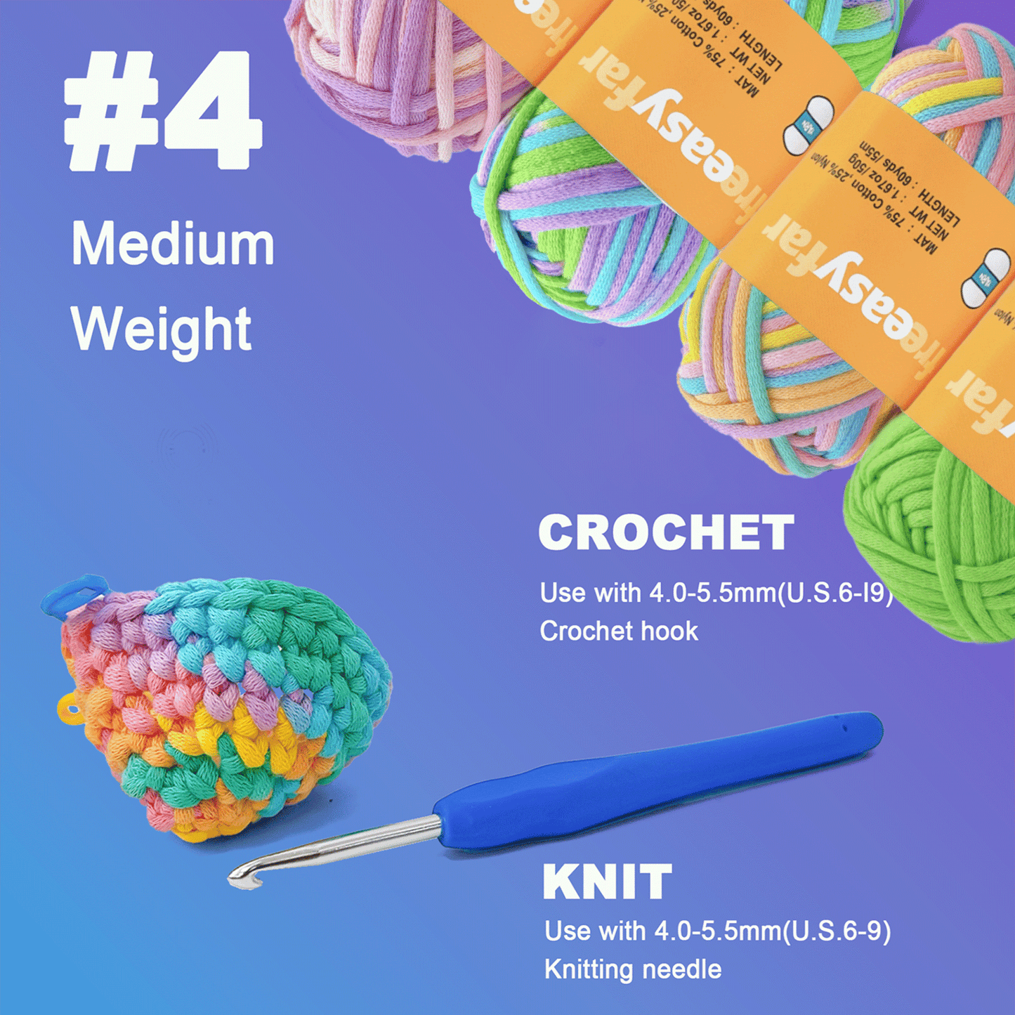 4 Pack(4x60 yds)Beginner Easy Yarn for Crocheting and Knitting-(Pastel+Green+Lavender+Ocean)