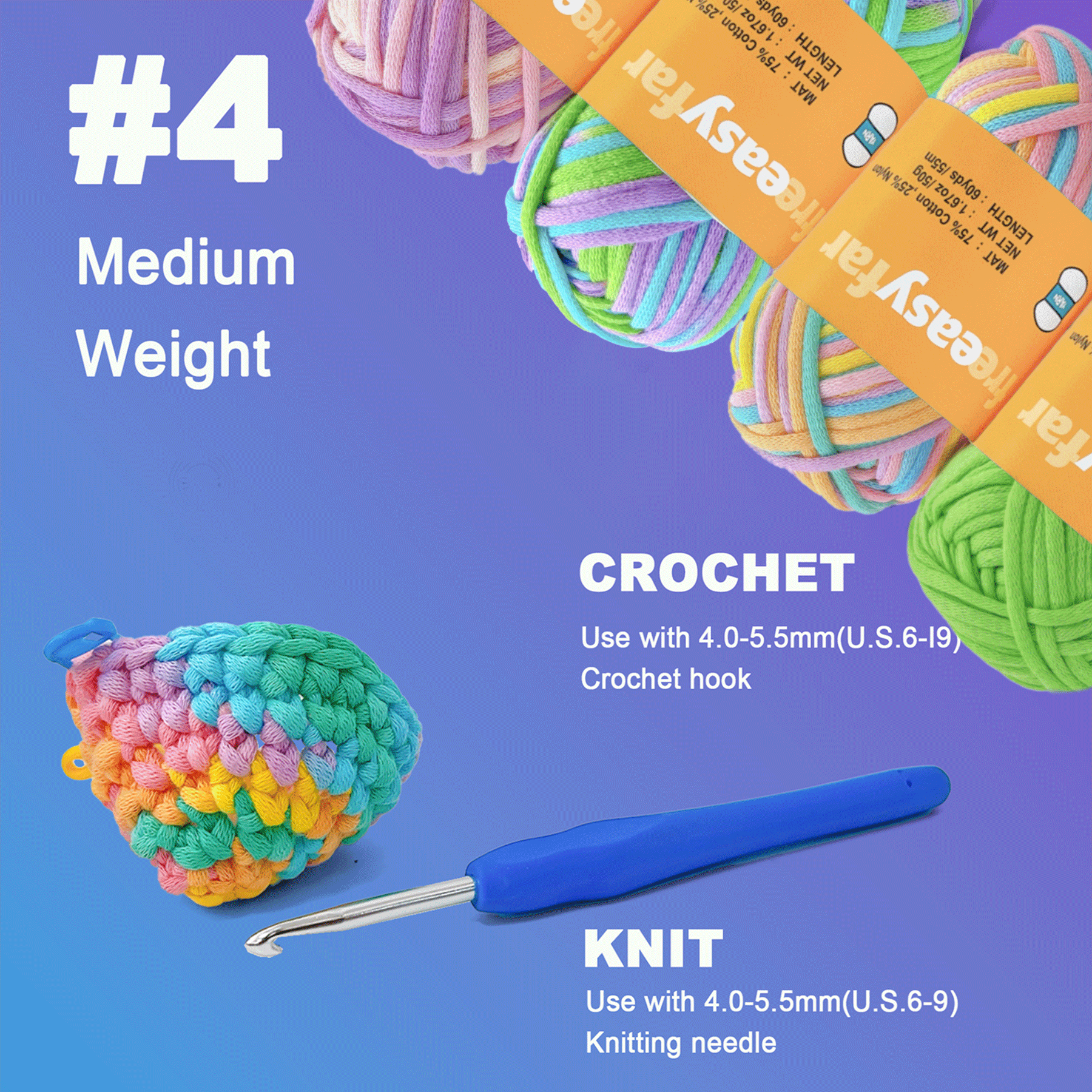 4 Pack(4x60 yds)Beginner Easy Yarn for Crocheting and Knitting-(Pastel+Green+Lavender+Ocean) Freeasyfar