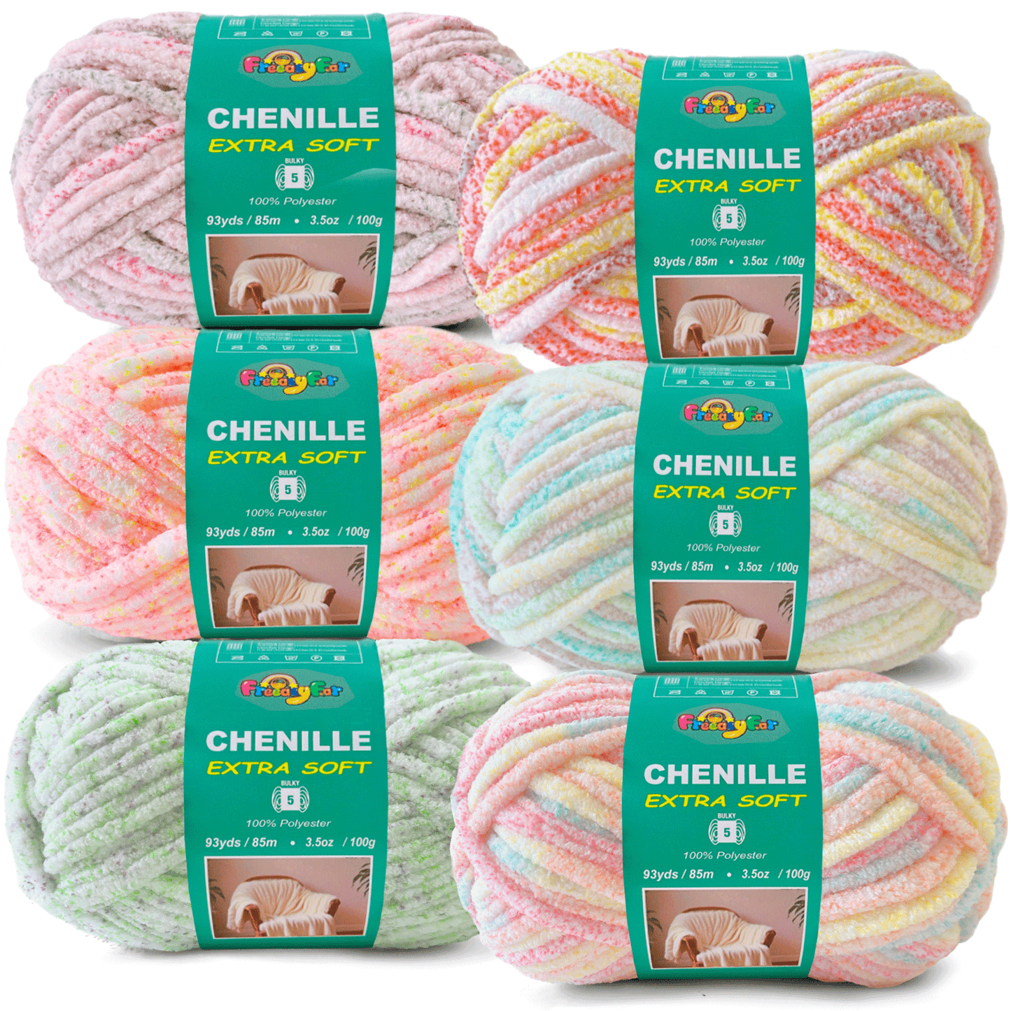 Super Soft and Cozy Chenille Yarn for Crocheting and Knitting -Easy to Crochet with-#5 Bulky-3.5oz/93yds Each Skein-Chunky Plush Yarn for Hand Craft Blanket Ammigurumi-Pastel Rainbow