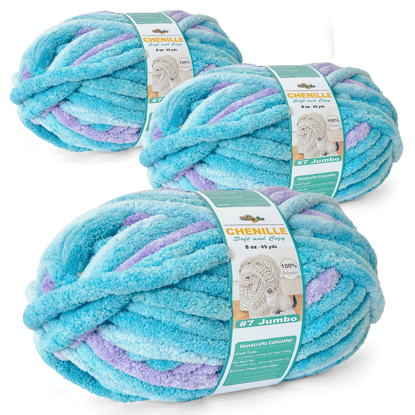 Chunky Chenille Yarn for Crocheting - Bulky Fluffy Yarn for Knitting -100% Polyester -Jumbo 7-45 yds/8.8 oz Each Skein-Ocean Breeze