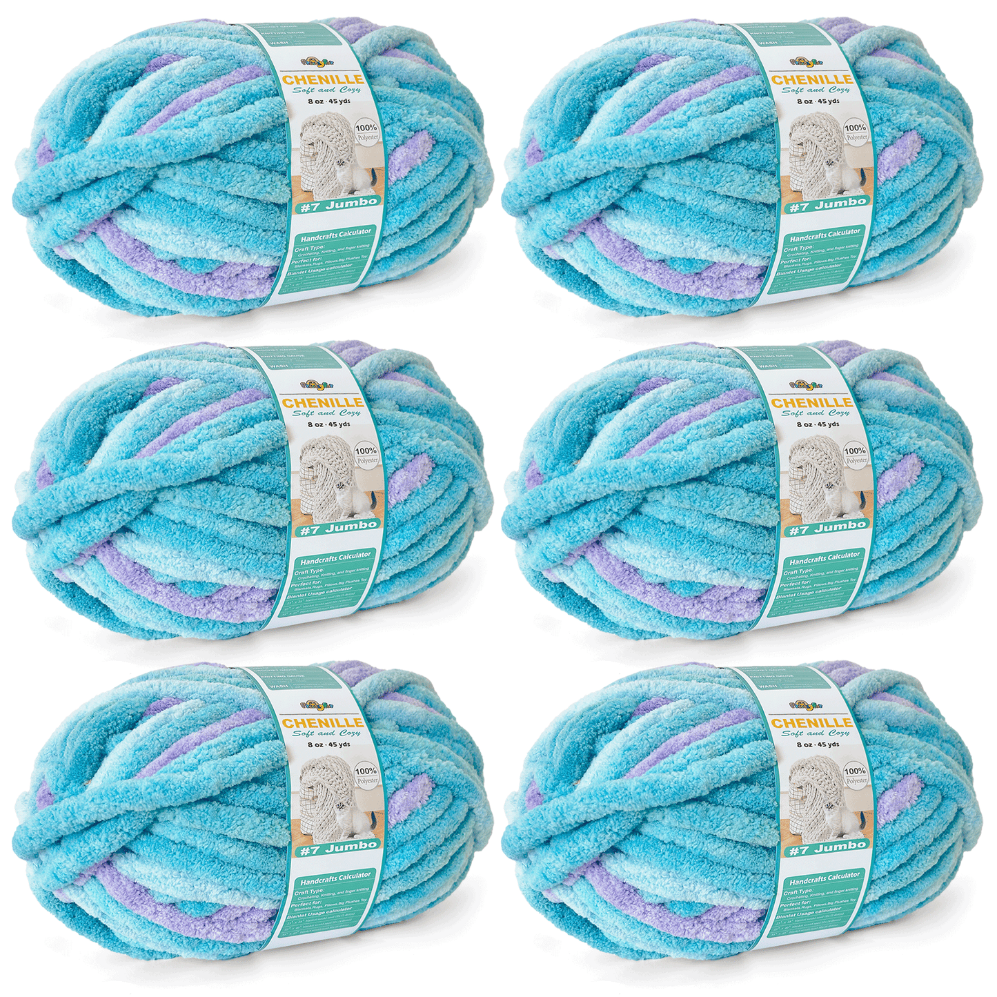 Chunky Chenille Yarn for Crocheting - Bulky Fluffy Yarn for Knitting -100% Polyester -Jumbo 7-45 yds/8.8 oz Each Skein-Ocean Breeze