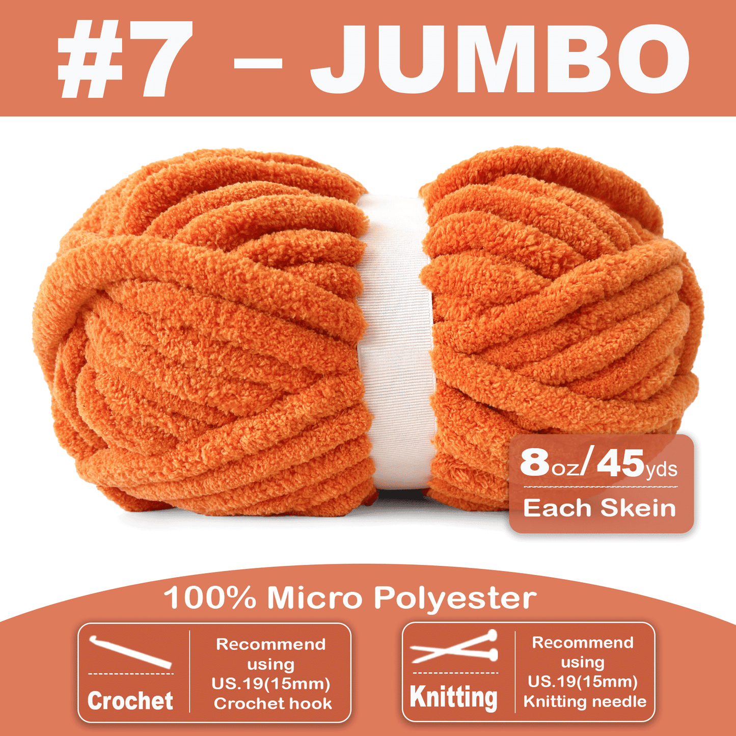 Chunky Chenille Yarn for Crocheting - Bulky Fluffy Yarn for Knitting -100% Polyester -Jumbo 7-45 yds/8.8 oz Each Skein-Orange