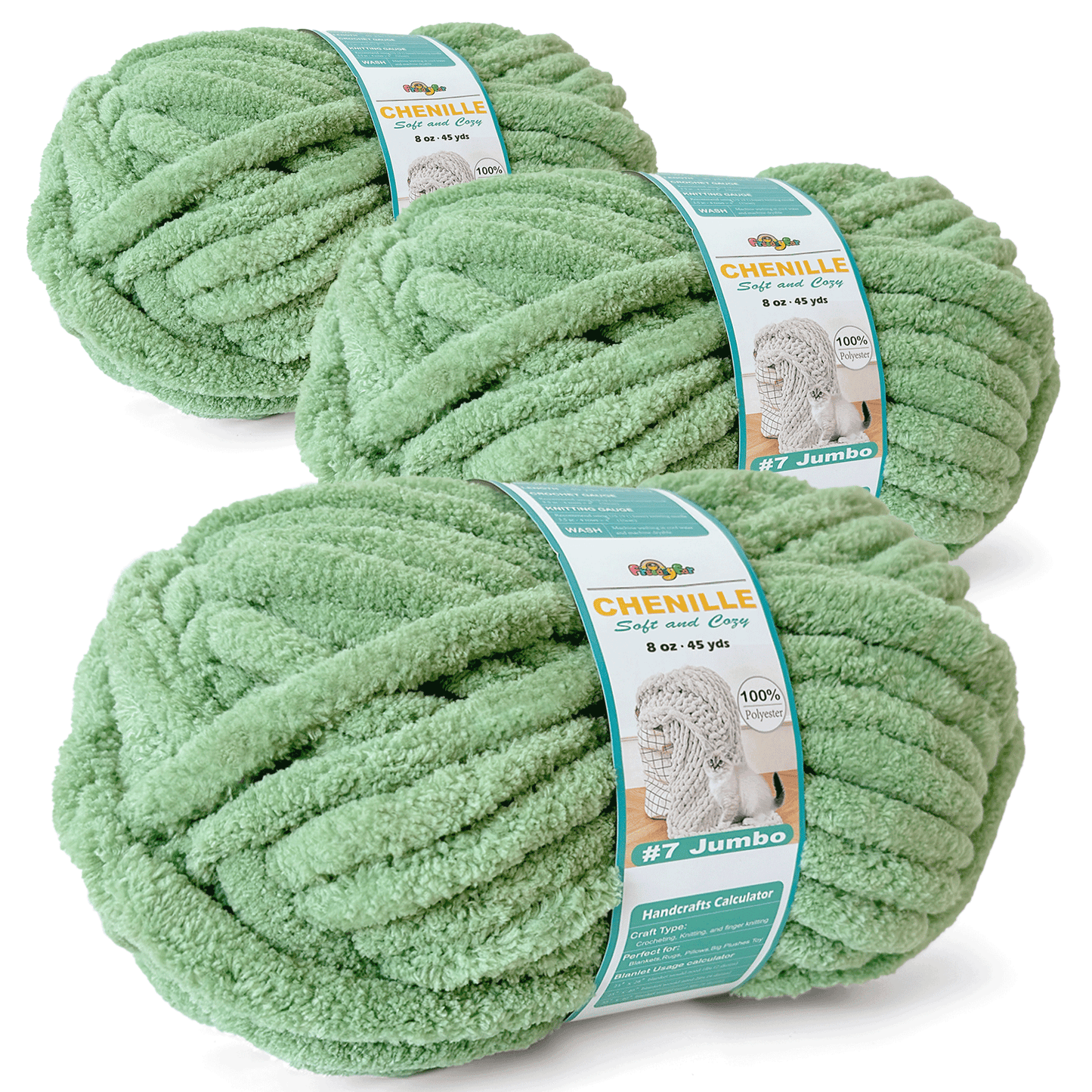 Chunky Chenille Yarn for Crocheting - Bulky Fluffy Yarn for Knitting -100% Polyester -Jumbo 7-45 yds/8.8 oz Each Skein-Sage Green