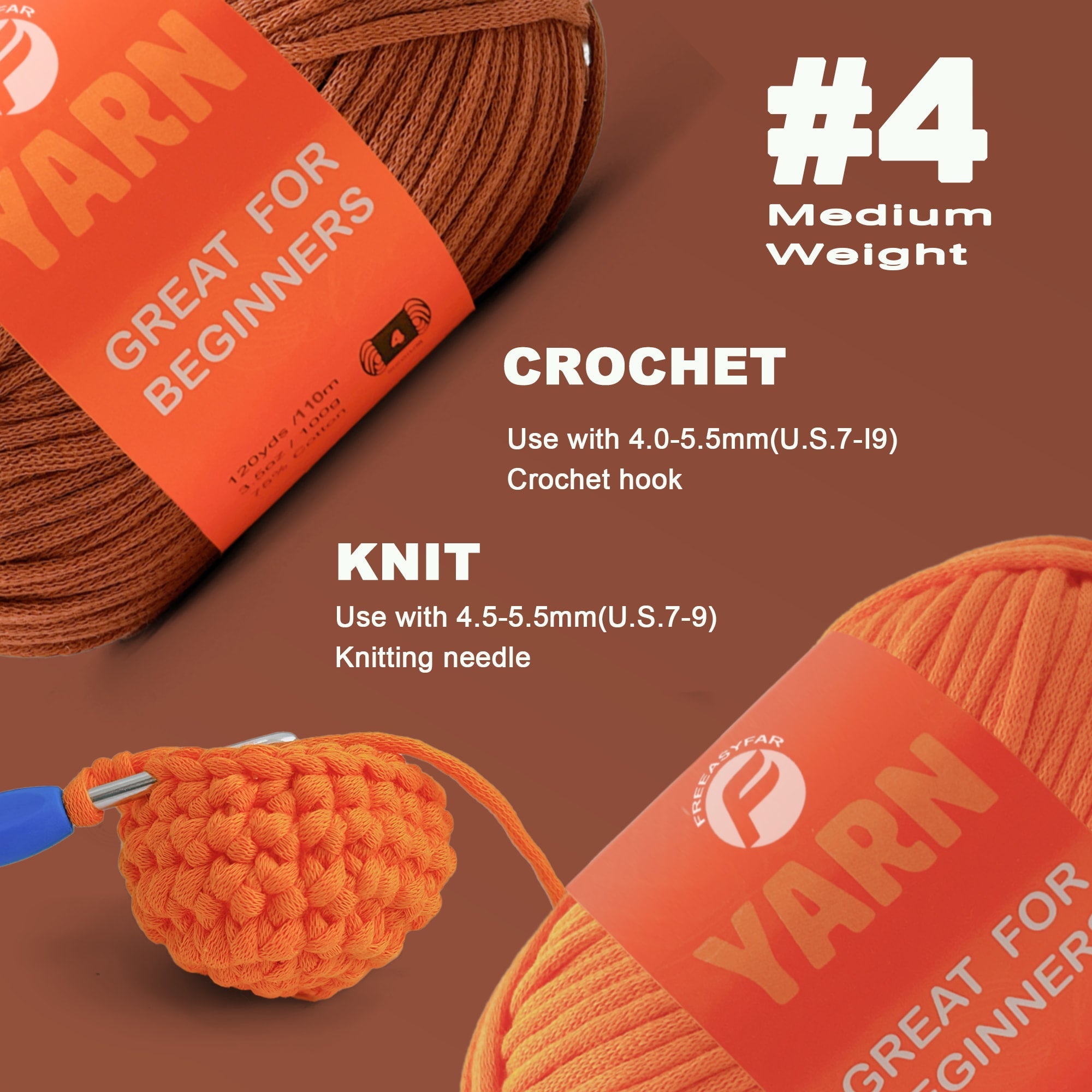 2 Pack Beginner Easy Yarn for Crocheting and Knitting; 2x120 yds Cotton Yarn for Beginner with Easy-to-See Stitches; Medium #4(Latte Love+Orange) Freeasyfar
