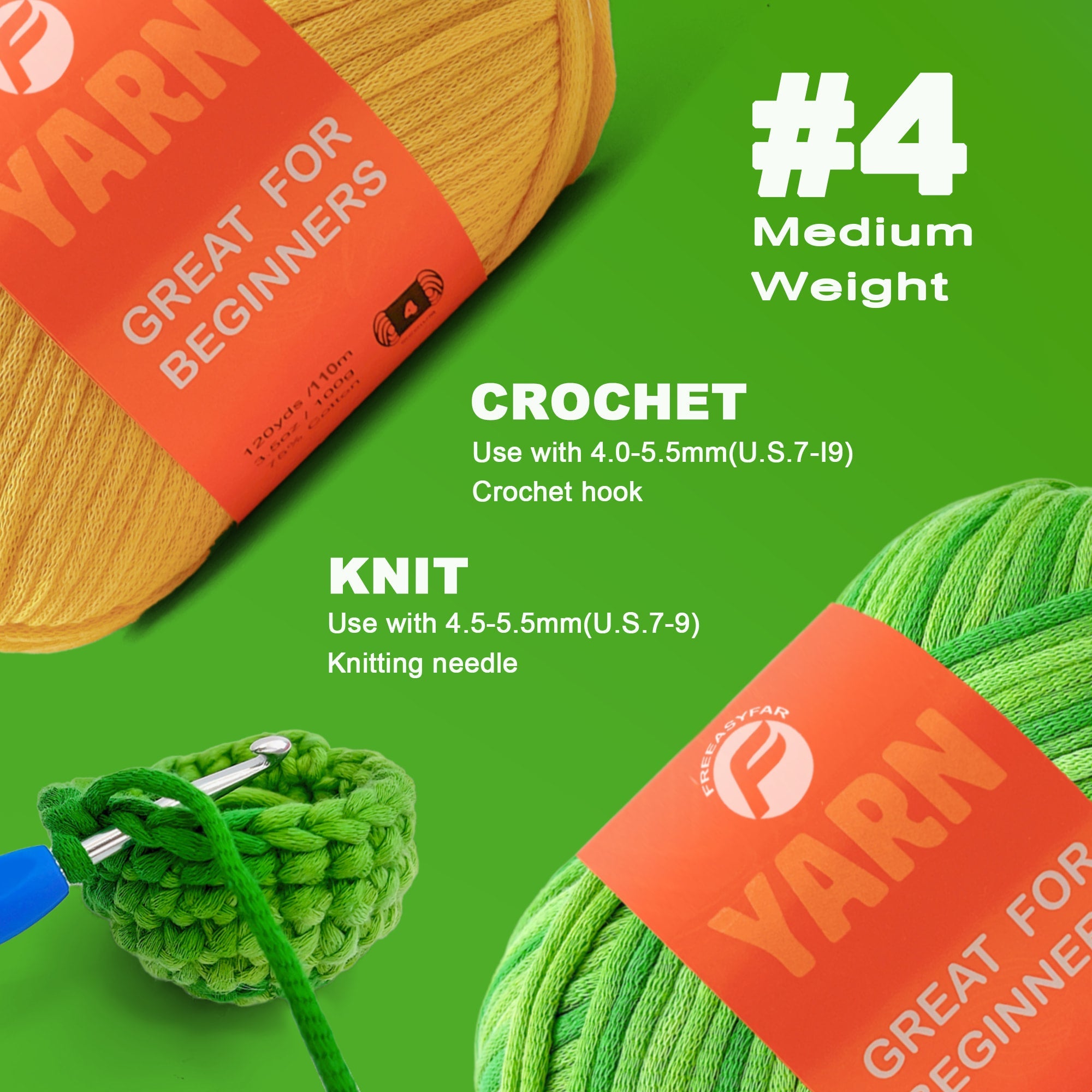 2 Pack Beginner Easy Yarn for Crocheting and Knitting; 2x120 yds Cotton Yarn for Beginner with Easy-to-See Stitches; Medium #4(Yellow+Lawngreen) Freeasyfar