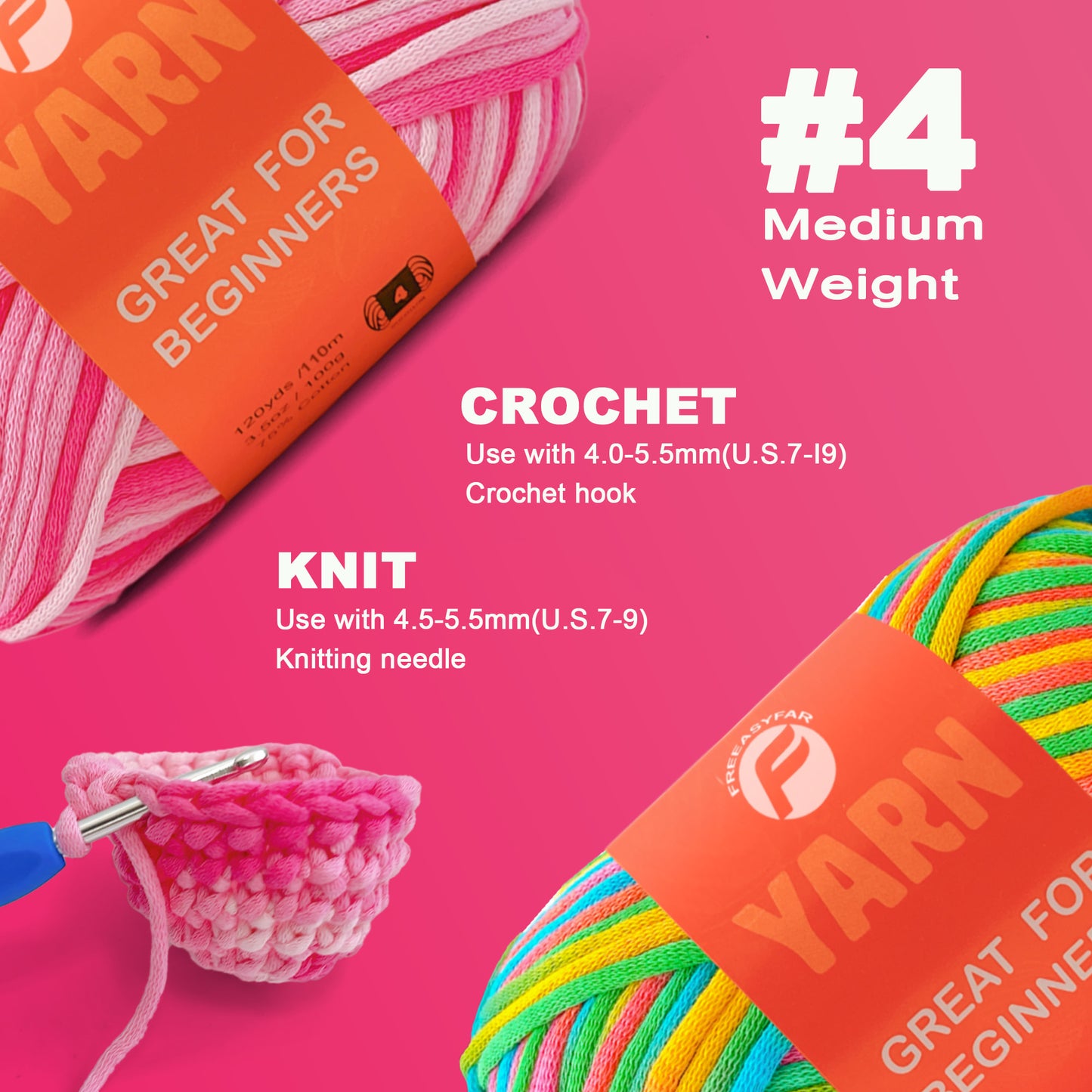 2 Pack Beginner Easy Yarn for Crocheting and Knitting; 2x120 yds Cotton Yarn for Beginner with Easy-to-See Stitches; Medium #4 (rainbow+strawberry)