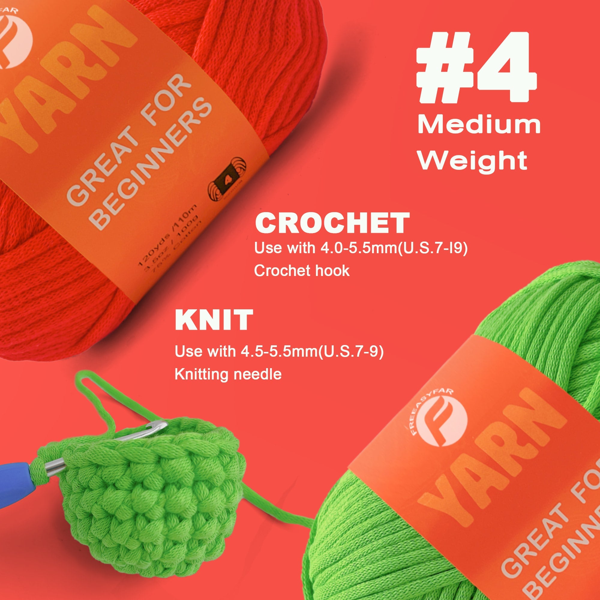 2 Pack Beginner Yarn for Crocheting and Knitting; 2x120 yds Easy Yarn for Beginner with Easy-to-See Stitches; Medium #4(Red+Green) Freeasyfar