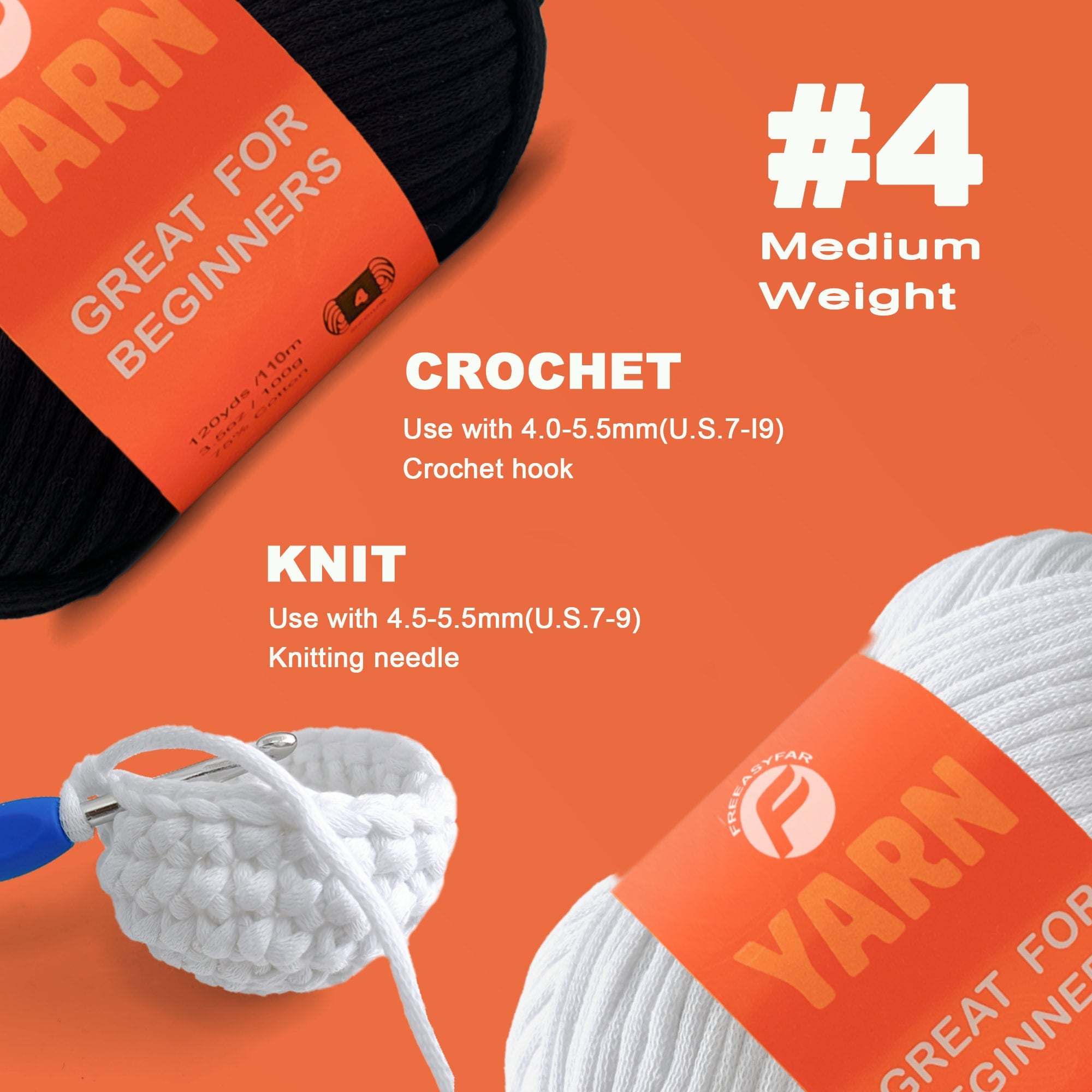 2 pack Beginner Easy Yarn for Crocheting and Knitting; 120 yds Cotton Yarn for Beginner with Easy-to-See Stitches; Medium #4(White+Black) Freeasyfar