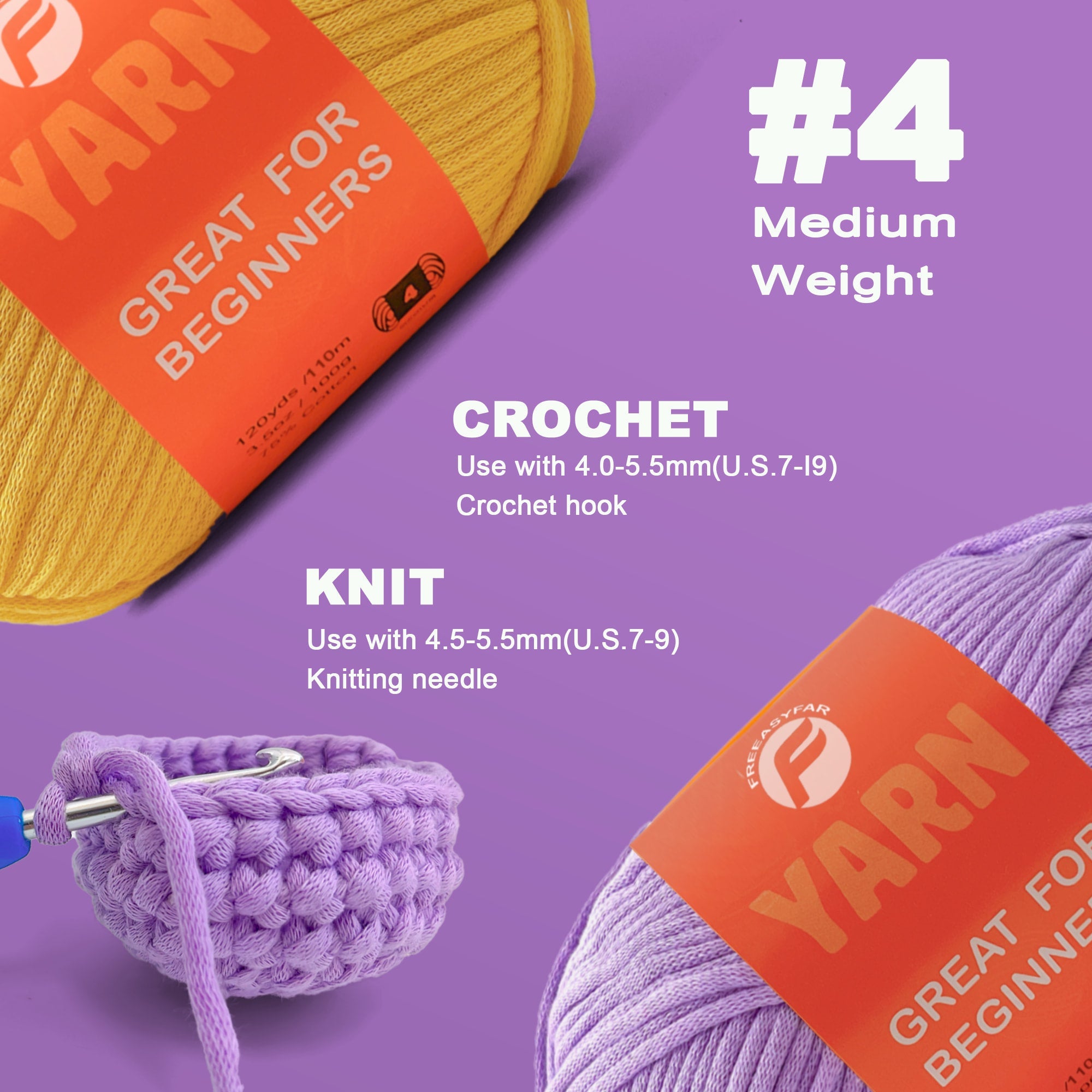 2 Pack Easy Yarn for Crocheting and Knitting; 2x120 yds Cotton Yarn for Beginner with Easy-to-See Stitches; Medium #4 (Yellow+Purple) Freeasyfar