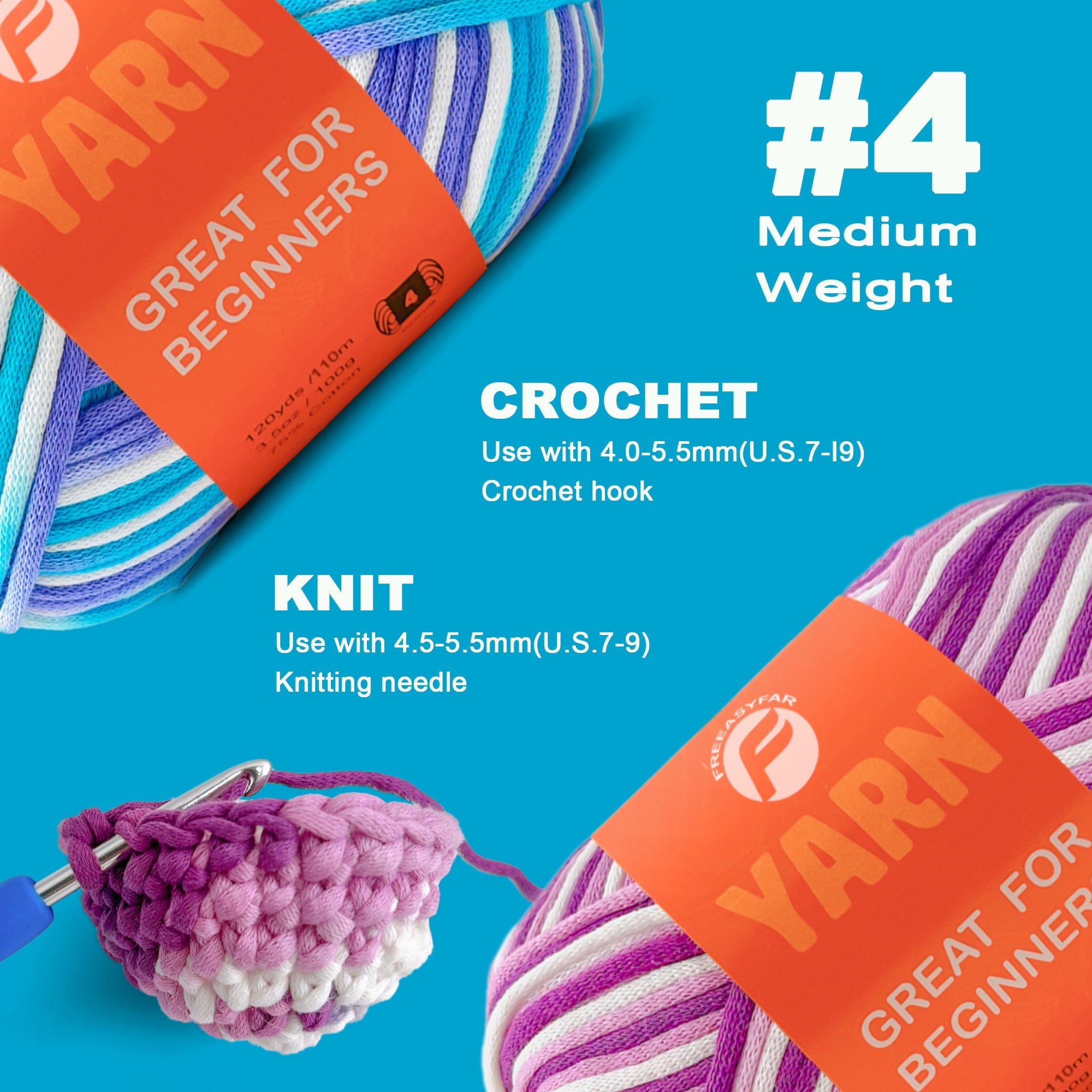 2 Pack Beginnner  Easy yarn for Crocheting and Knitting; 2x120 yds Cotton Yarn for Beginner with Easy-to-See Stitches; Medium #4 (Lavender Dreams+Azure wave) Freeasyfar