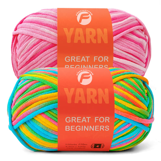 2 Pack Beginner Easy Yarn for Crocheting and Knitting; 2x120 yds Cotton Yarn for Beginner with Easy-to-See Stitches; Medium #4 (rainbow+strawberry)