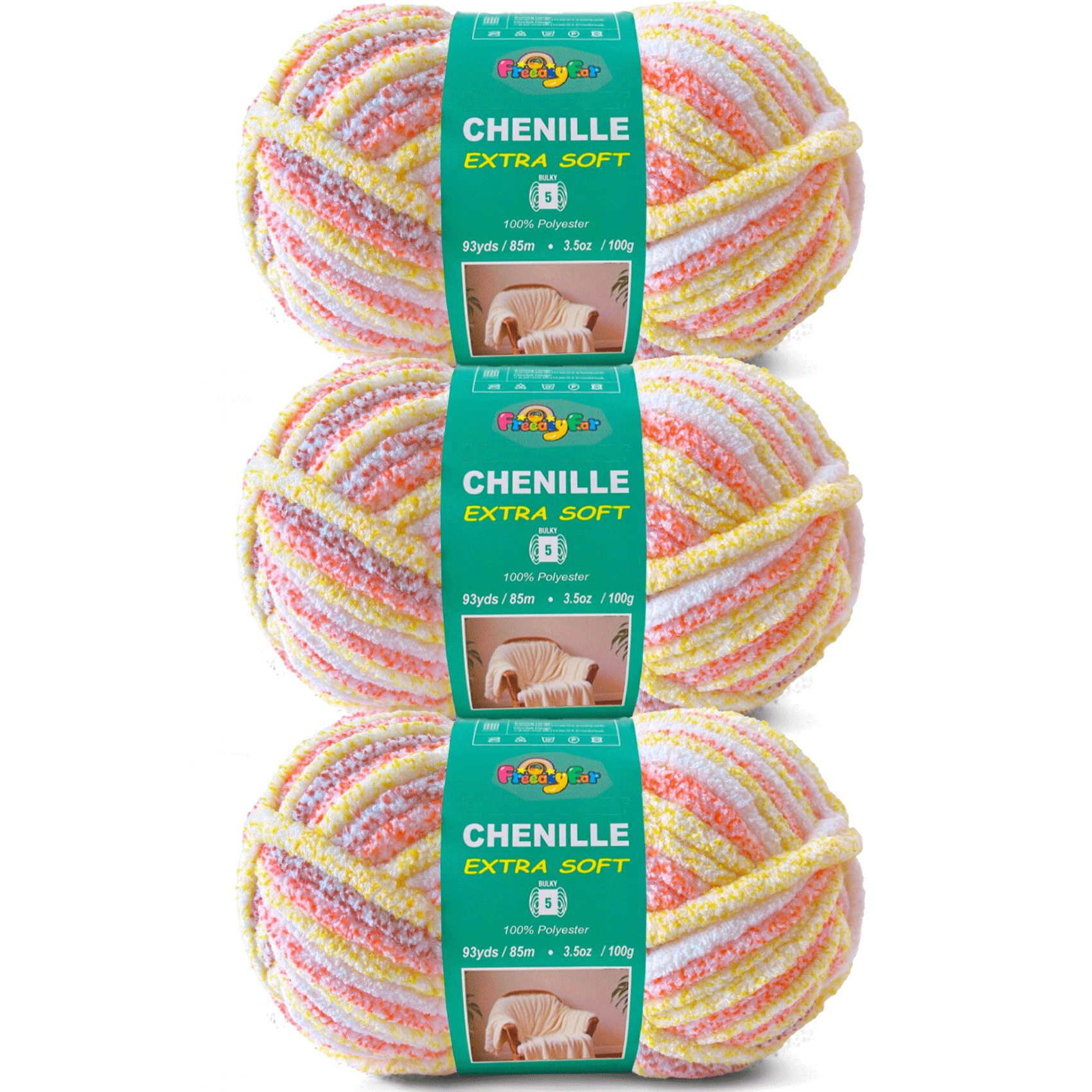 Variegated Chenille Yarn for Crocheting and Knitting - 3.5oz/93yds Each Skein -sunset Freeasyfar