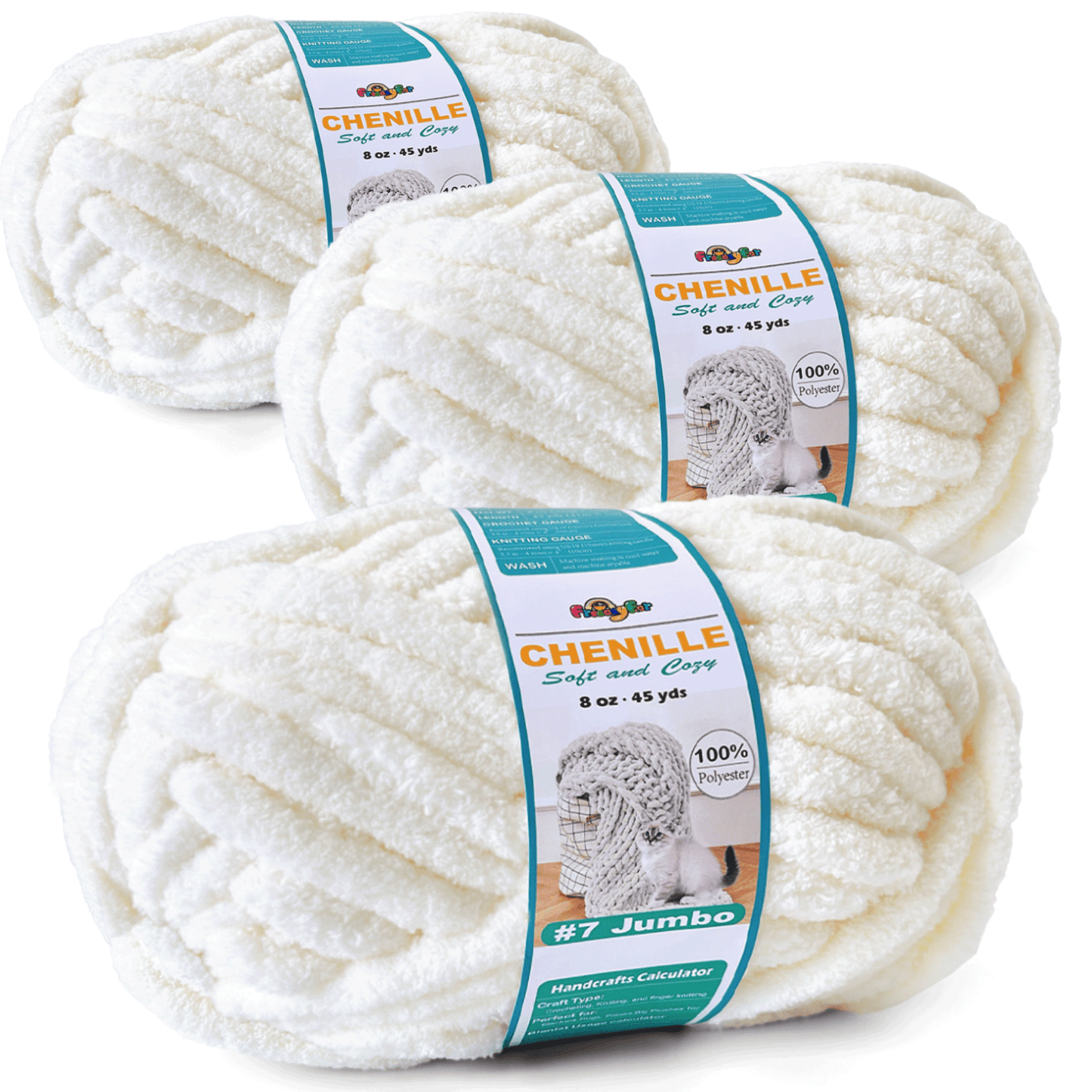 Chunky Chenille Yarn for Crocheting - Bulky Fluffy Yarn for Knitting -100% Polyester -Jumbo 7-45 yds/8.8 oz Each Skein-white