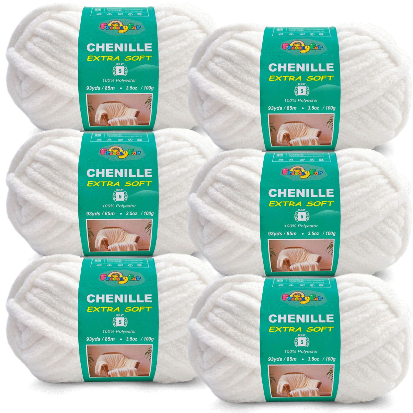 Variegated Chenille Yarn for Crocheting and Knitting- #5 Bulky-3.5oz/93yds Each Skein - White Freeasyfar